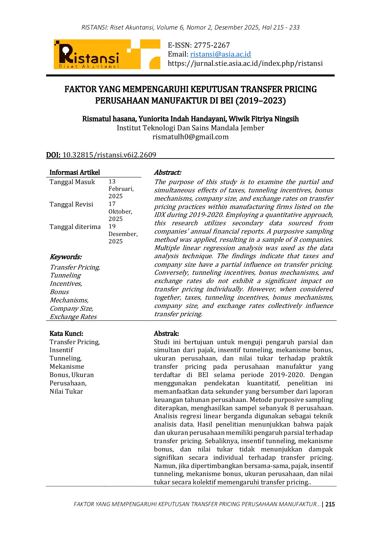 JURIS Faktor yang Mempengaruhi Keputusan Transfer Pricing Perusahaan Manufaktur di BEI 2019 2023