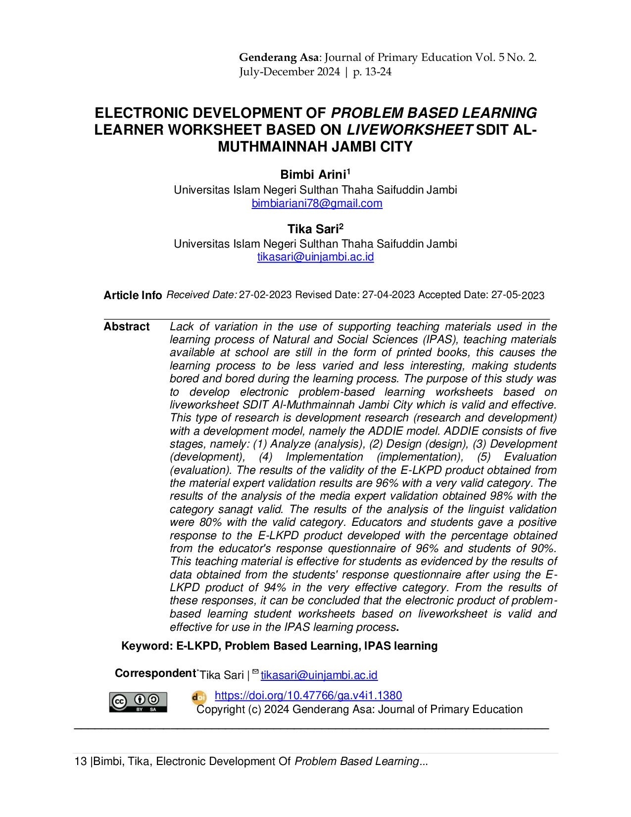 JURIS Electronic Development Of Problem Based Learning Learner Worksheet Based On Liveworksheet SDIT Al Muthmainnah Jambi City