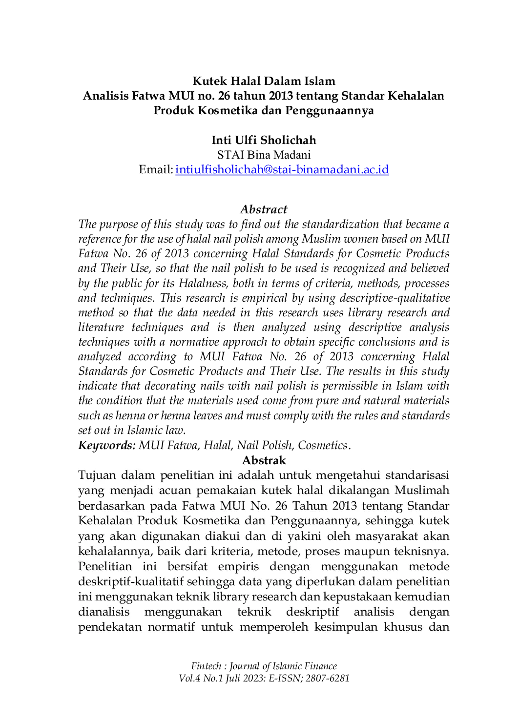 JURIS Kutek Halal Dalam Islam Analisis Fatwa MUI no 26 tahun 2013 tentang Standar Kehalalan Produk Kosmetika dan Penggunaannya