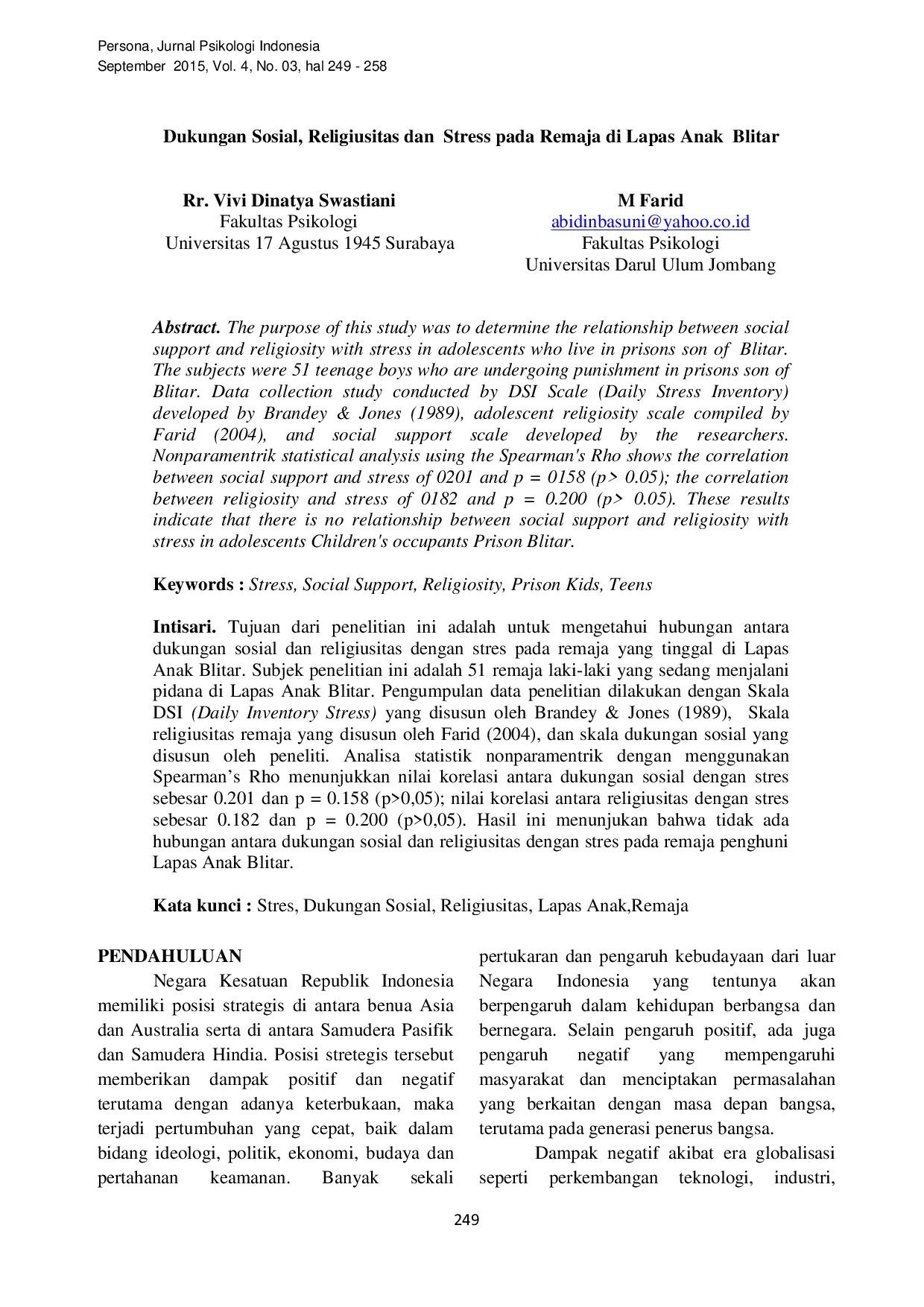 JURIS Dukungan Sosial Religiusitas dan Stress pada Remaja di Lapas Anak Blitar