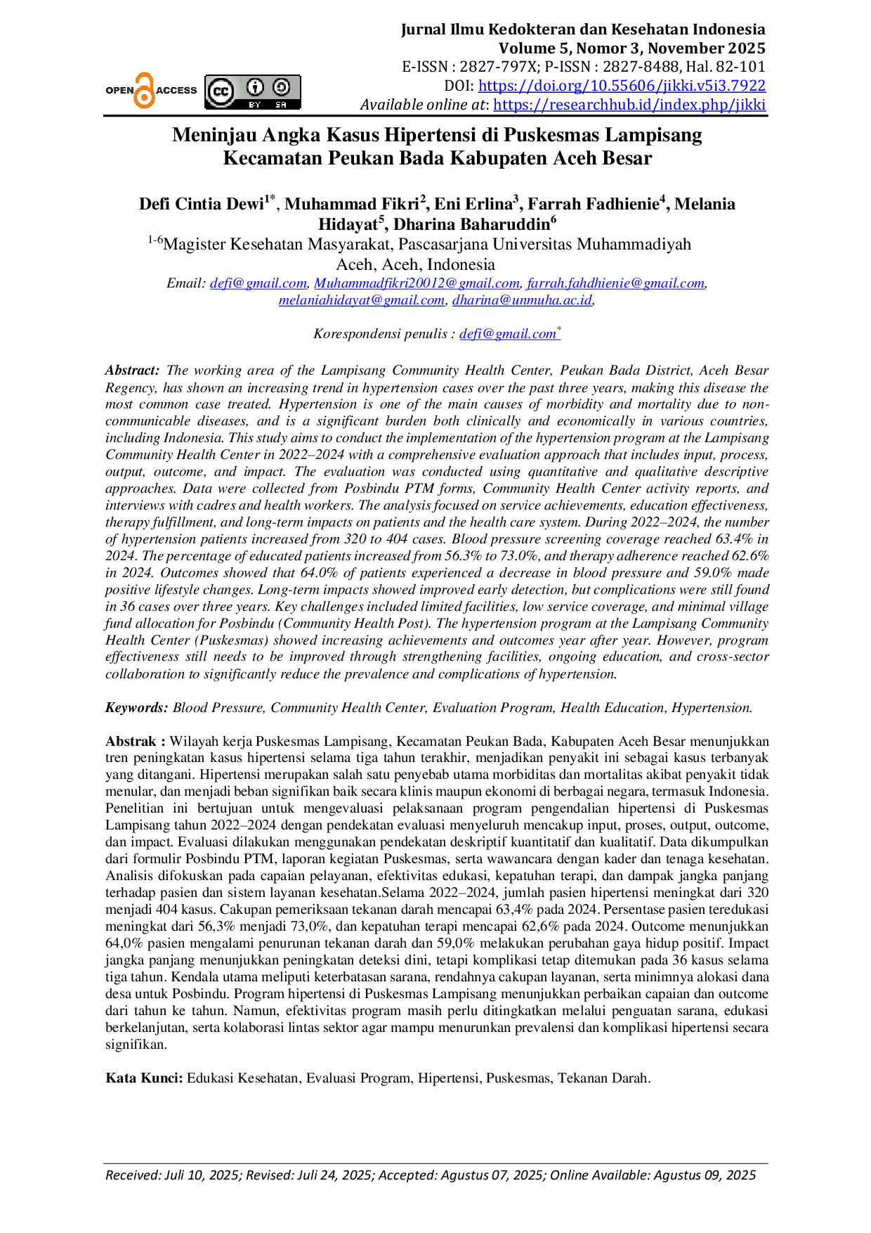 JURIS Meninjau Angka Kasus Hipertensi di Puskesmas Lampisang Kecamatan Peukan Bada Kabupaten Aceh Besar
