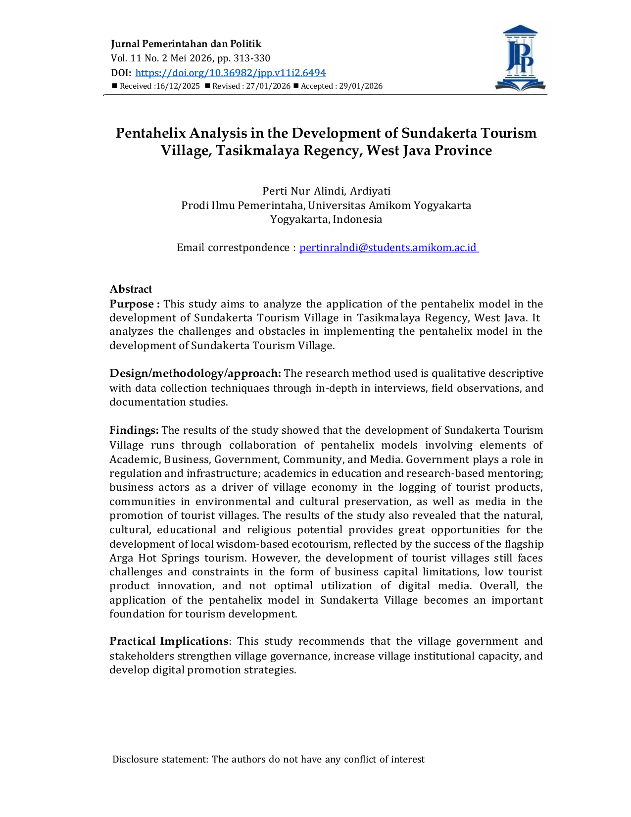 JURIS Pentahelix Analysis in the Development of Sundakerta Tourism Village Tasikmalaya Regency West Java Province Analisis Pentahelix dalam Pengembangan Desa Wisata Sundakerta Kab Tasikmalaya Prov Jaw