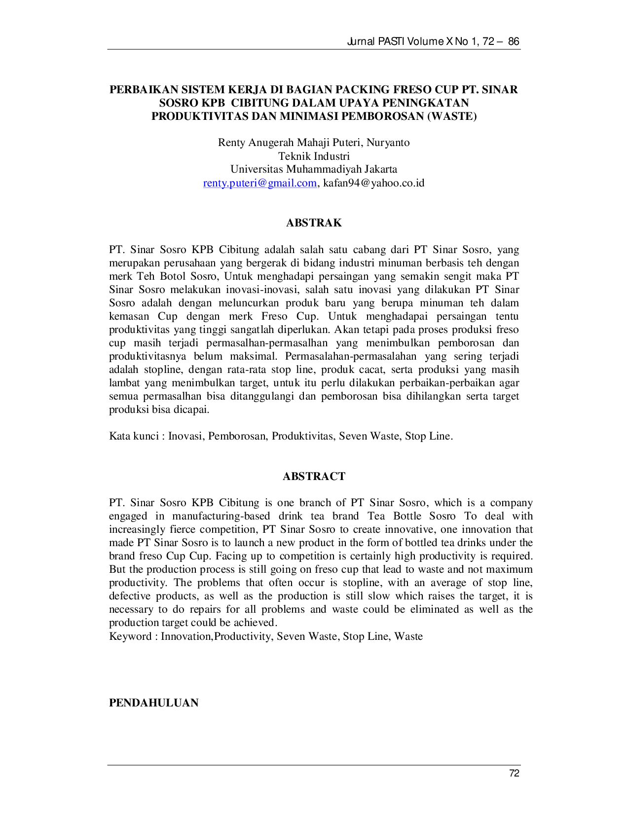 JURIS Perbaikan Sistem Kerja Di Bagian Packing Freso Cup Pt Sinar Sosro Kpb Cibitung Dalam Upaya Peningkatan Produktivitas Dan Minimasi Pemborosan Waste