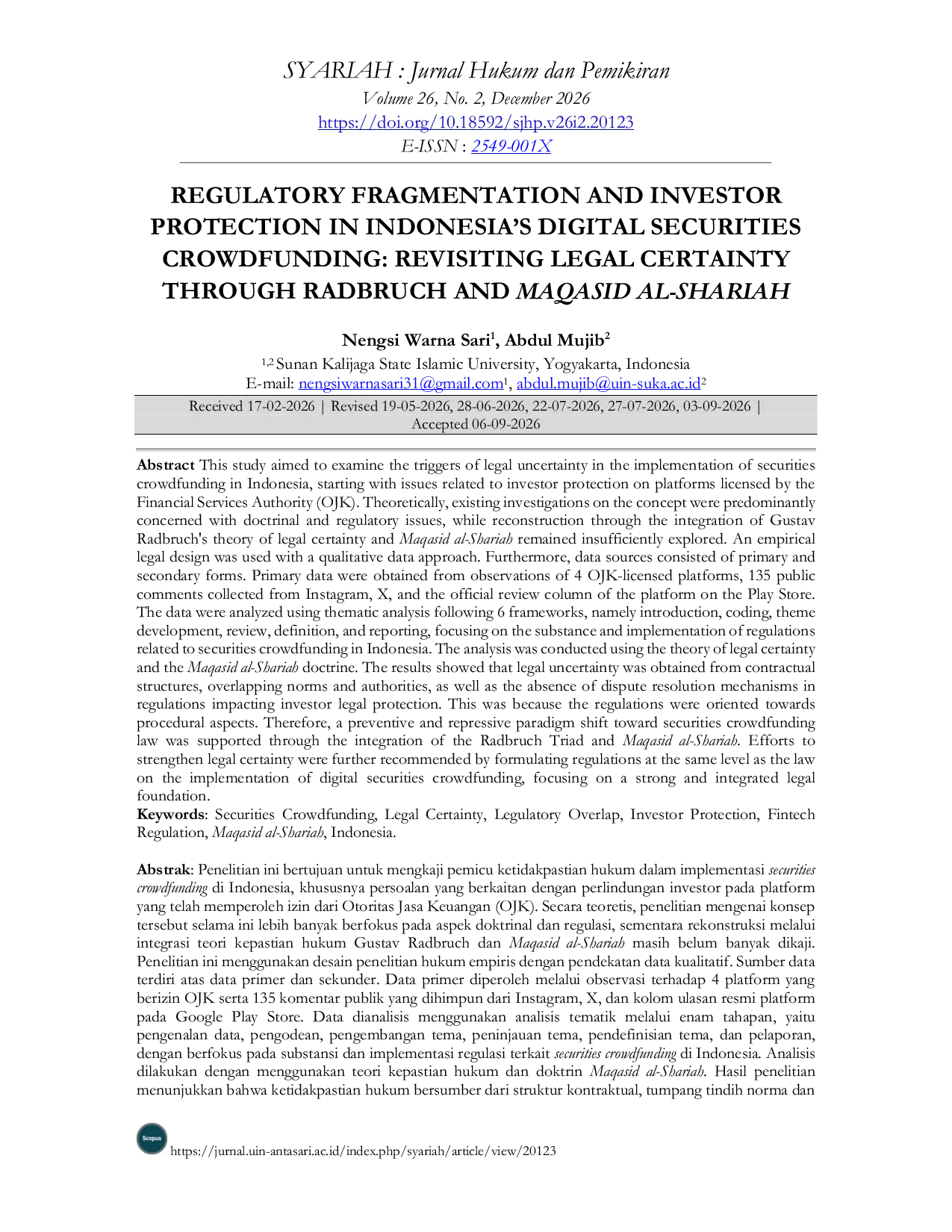 JURIS Regulatory Fragmentation and Investor Protection in Indonesia s Digital Securities Crowdfunding Revisiting Legal Certainty Through Radbruch and Maqasid al Shariah