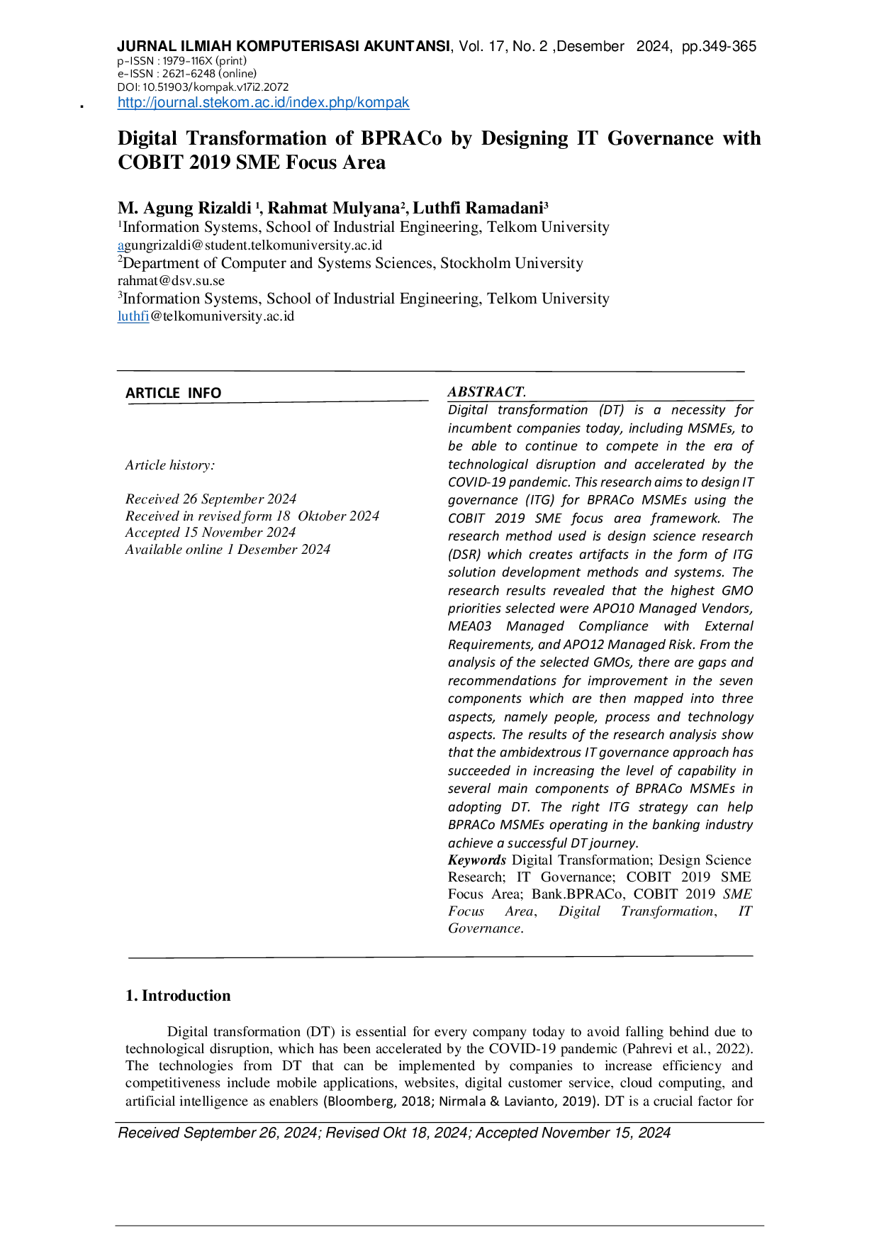 JURIS Digital Transformation of BPRACo by Designing IT Governance with COBIT 2019 SME Focus Area