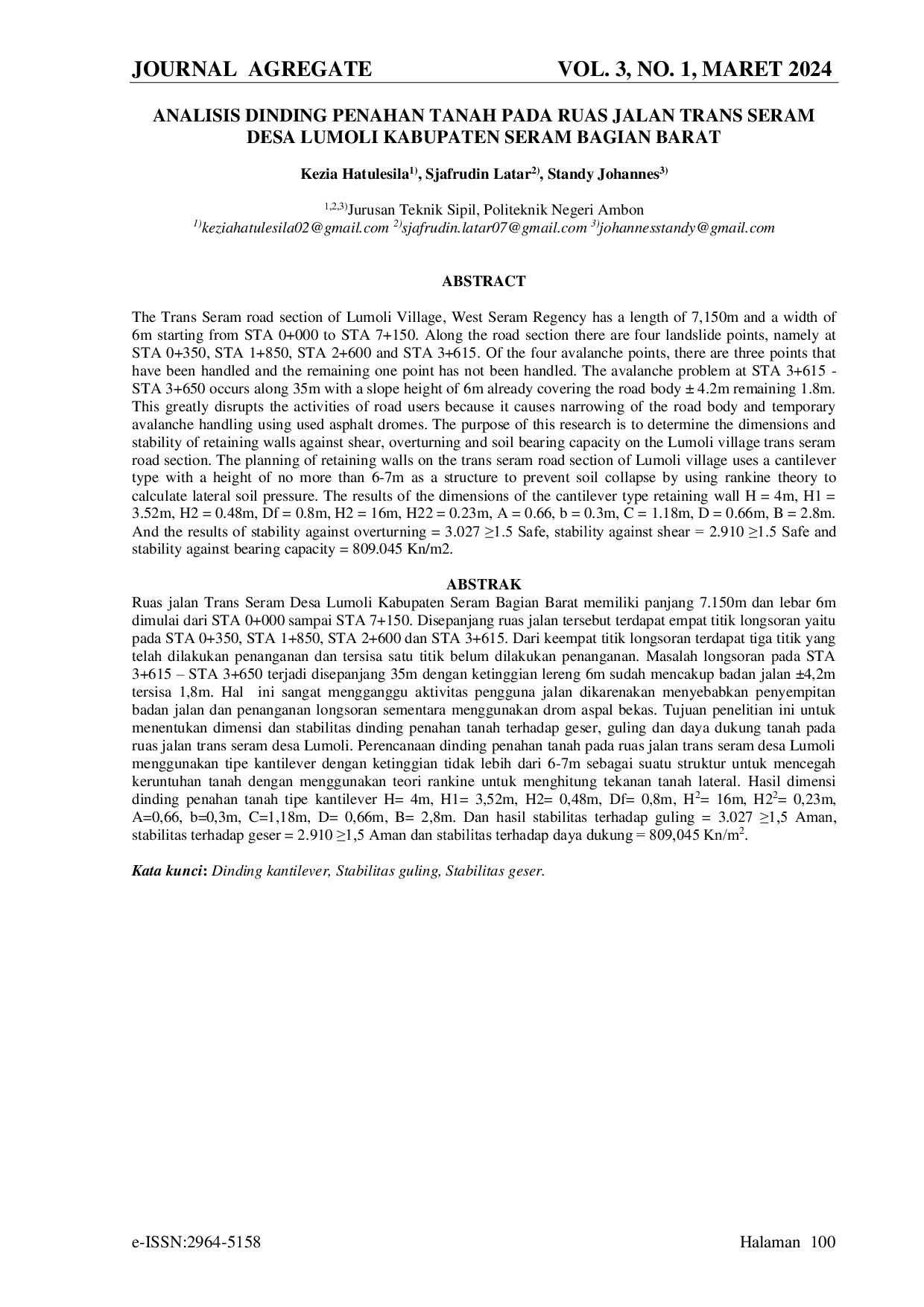 JURIS Analisis Dinding Penahan Tanah Pada Ruas Jalan Trans Seram Desa Lumoli Kabupaten Seram Bagian Barat