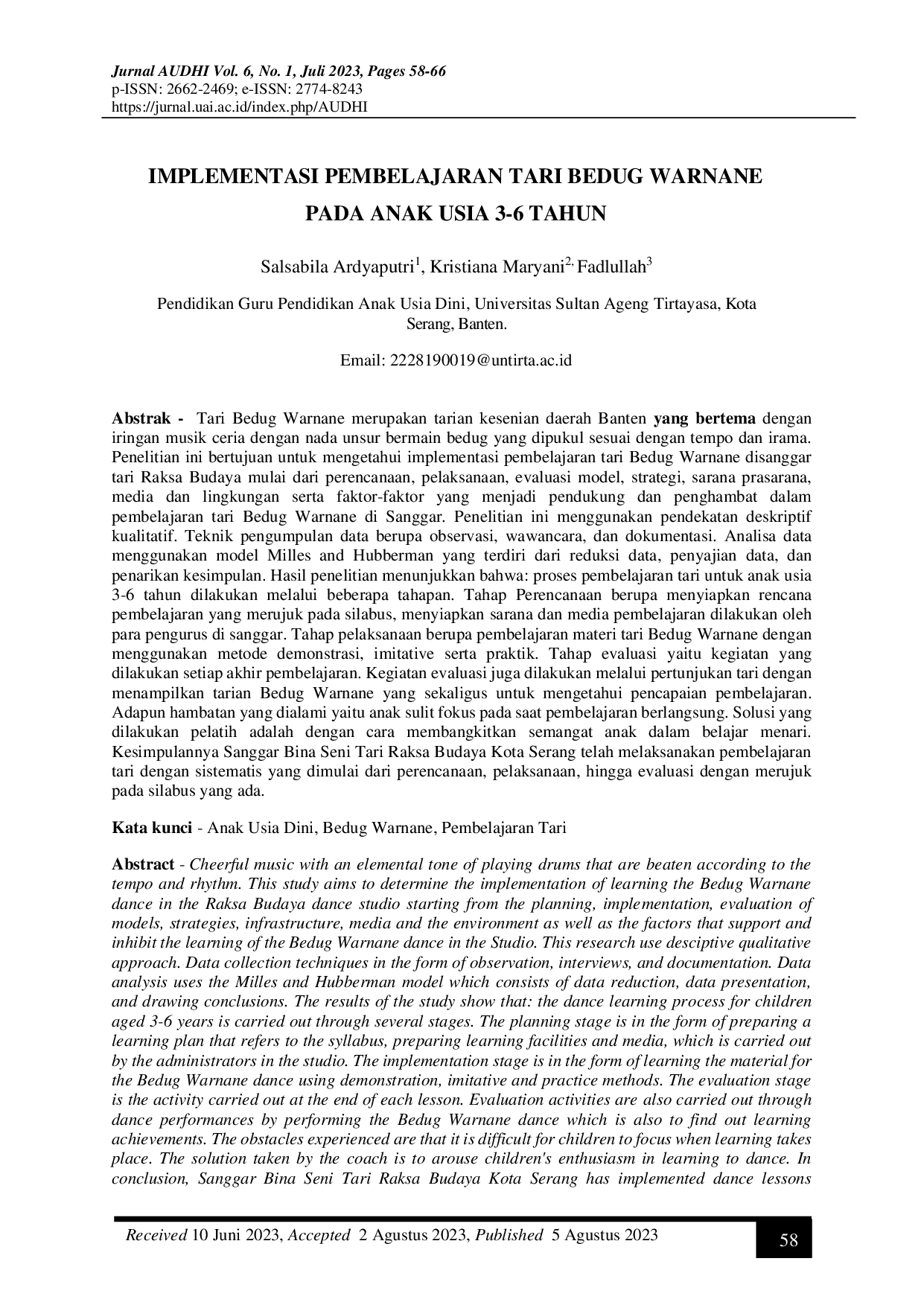 JURIS Implementasi Pembelajaran Tari Bedug Warnane Pada Anak Usia 3 6 Tahun