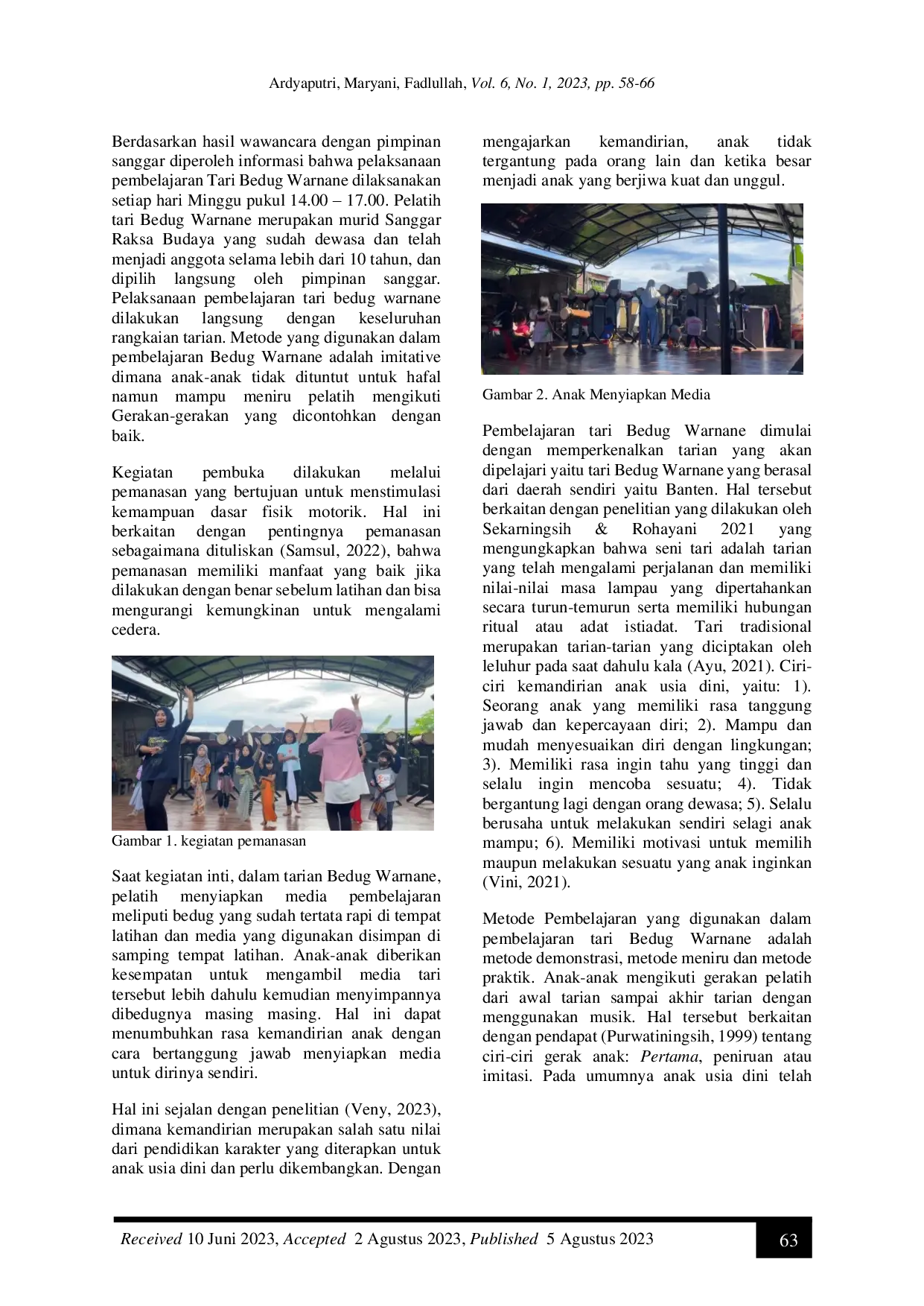 JURIS Implementasi Pembelajaran Tari Bedug Warnane Pada Anak Usia 3 6 Tahun