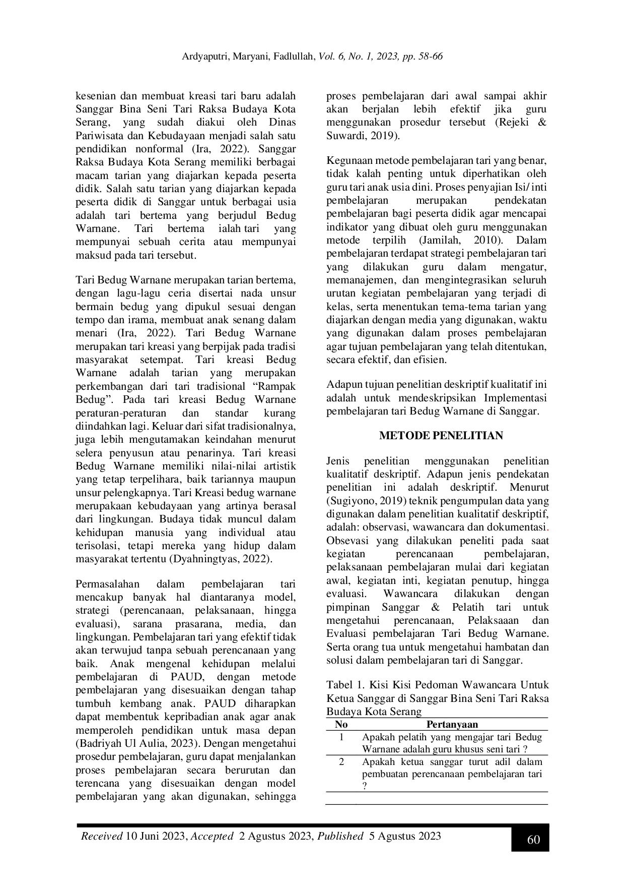 JURIS Implementasi Pembelajaran Tari Bedug Warnane Pada Anak Usia 3 6 Tahun