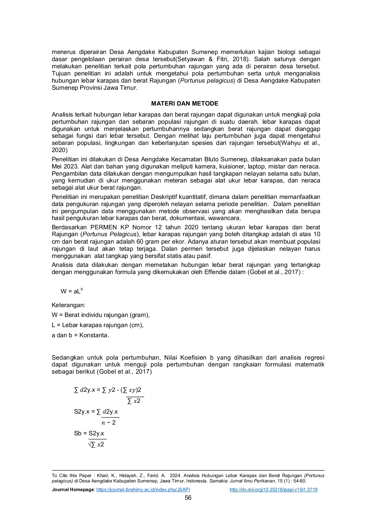 JURIS Analisis Hubungan Lebar Karapas dan Berat Rajungan Portunus pelagicus di Desa Aengdake Kabupaten Sumenep Jawa Timur Indonesia