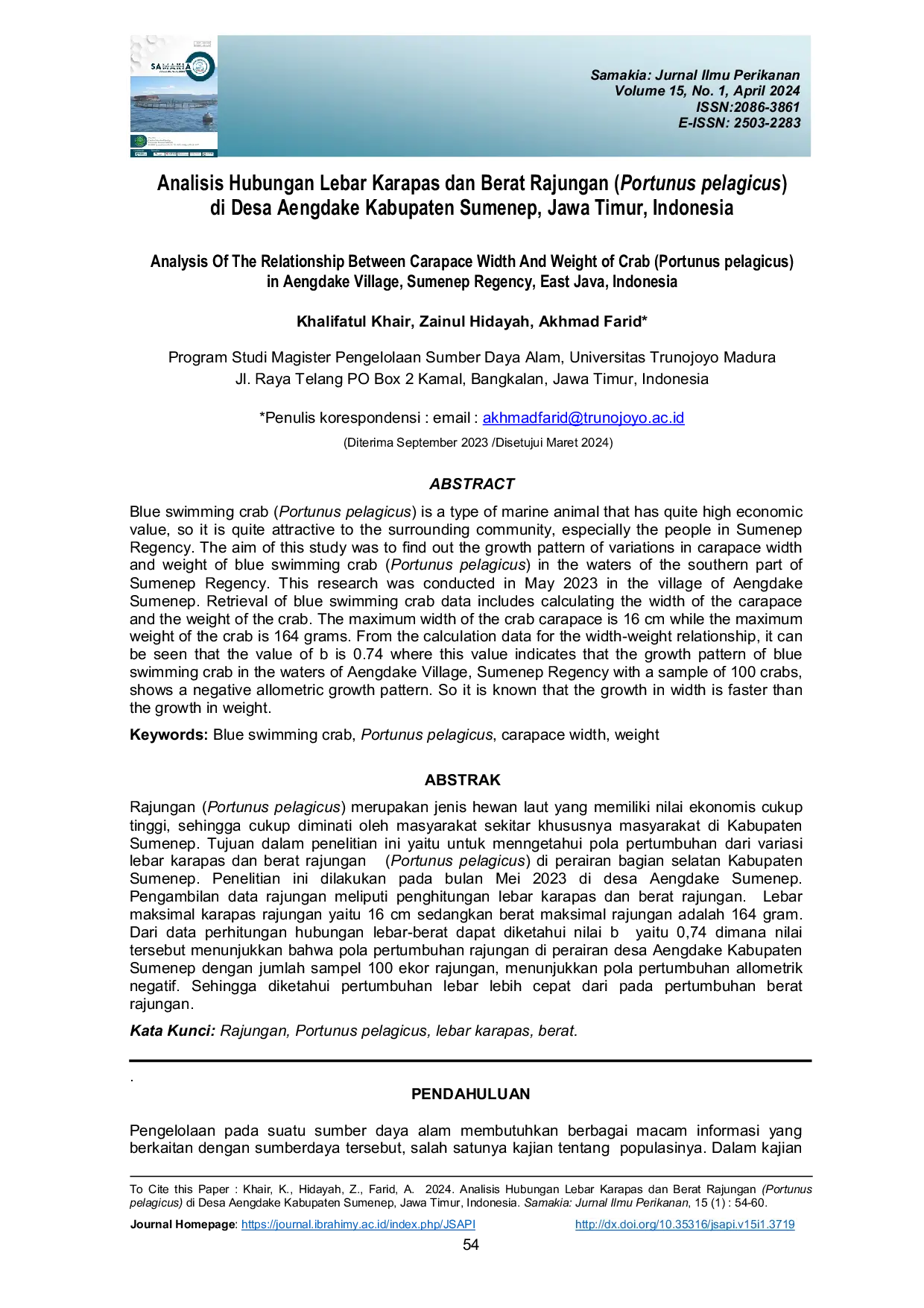 JURIS Analisis Hubungan Lebar Karapas dan Berat Rajungan Portunus pelagicus di Desa Aengdake Kabupaten Sumenep Jawa Timur Indonesia
