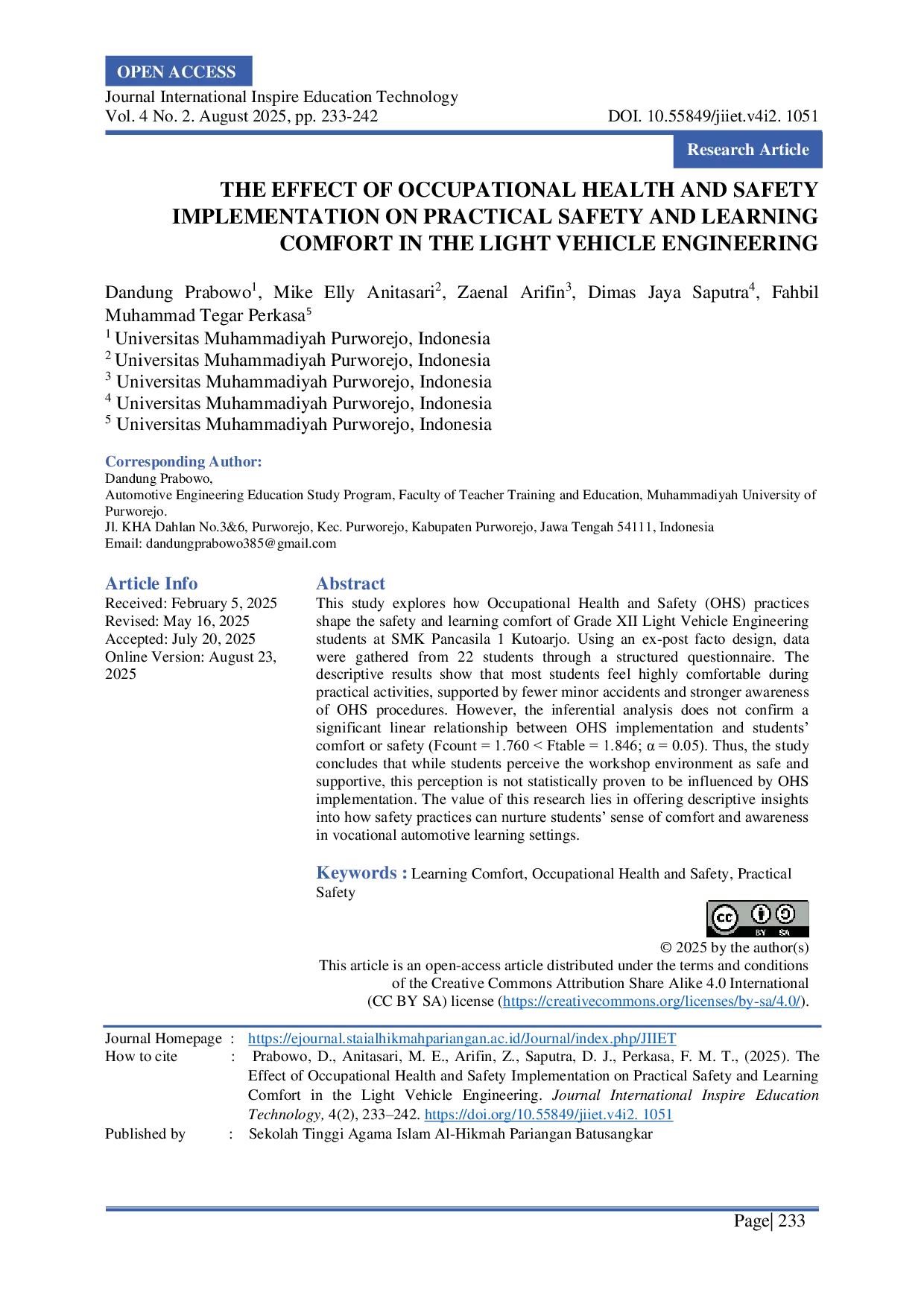 JURIS The Effect of Occupational Health and Safety Implementation on Practical Safety and Learning Comfort in the Light Vehicle Engineering