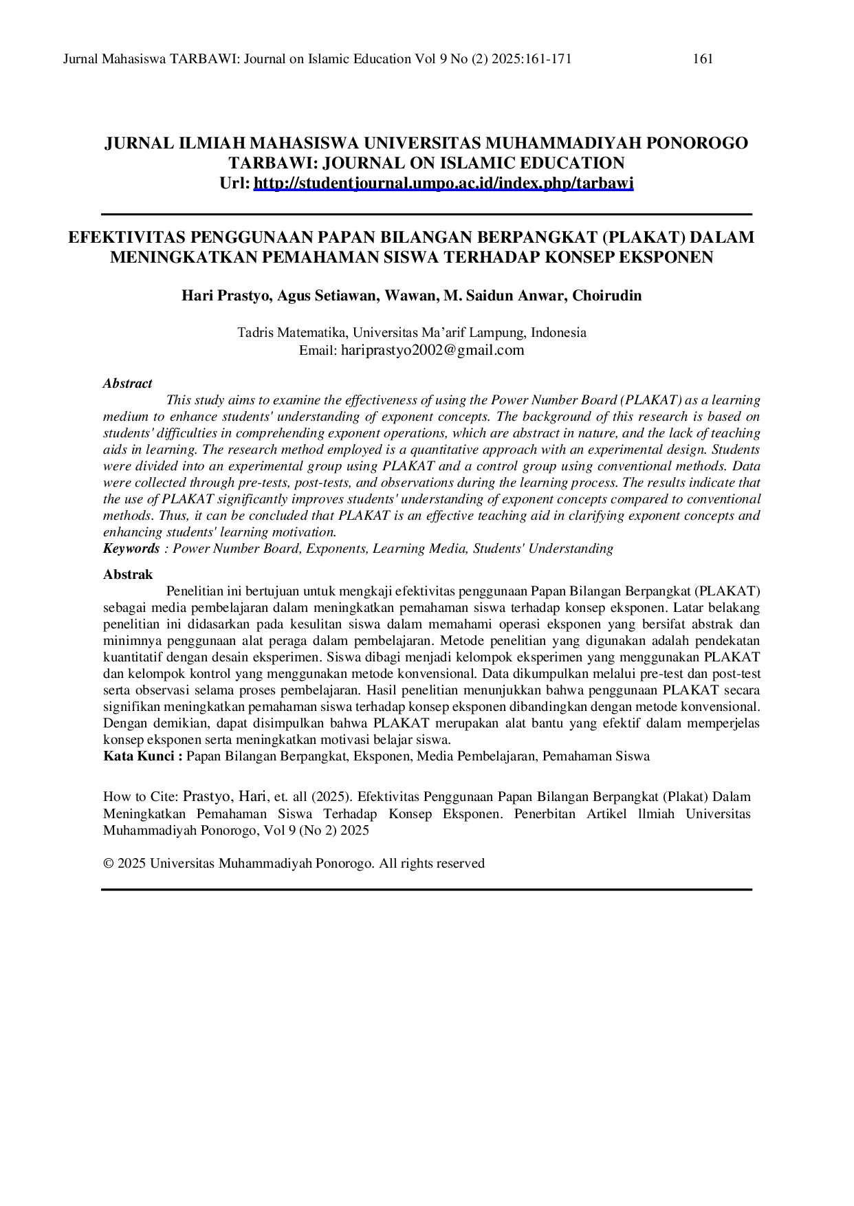 JURIS Effectiveness of Using the Power Number Board PLAKAT in Enhancing Students Understanding of the Exponent Concept