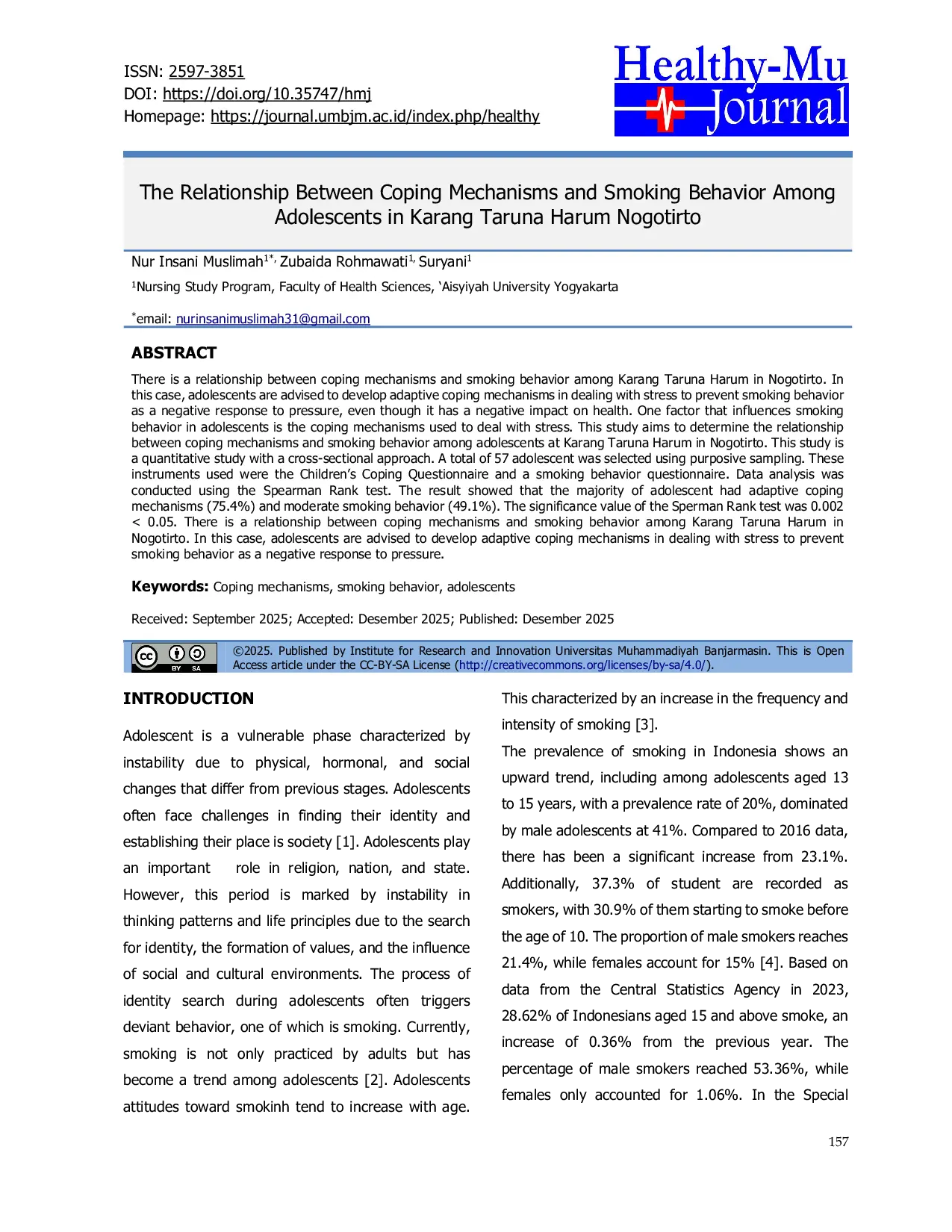 JURIS The Relationship Between Coping Mechanisms and Smoking Behavior Among Adolescents in Karang Taruna Harum Nogotirto