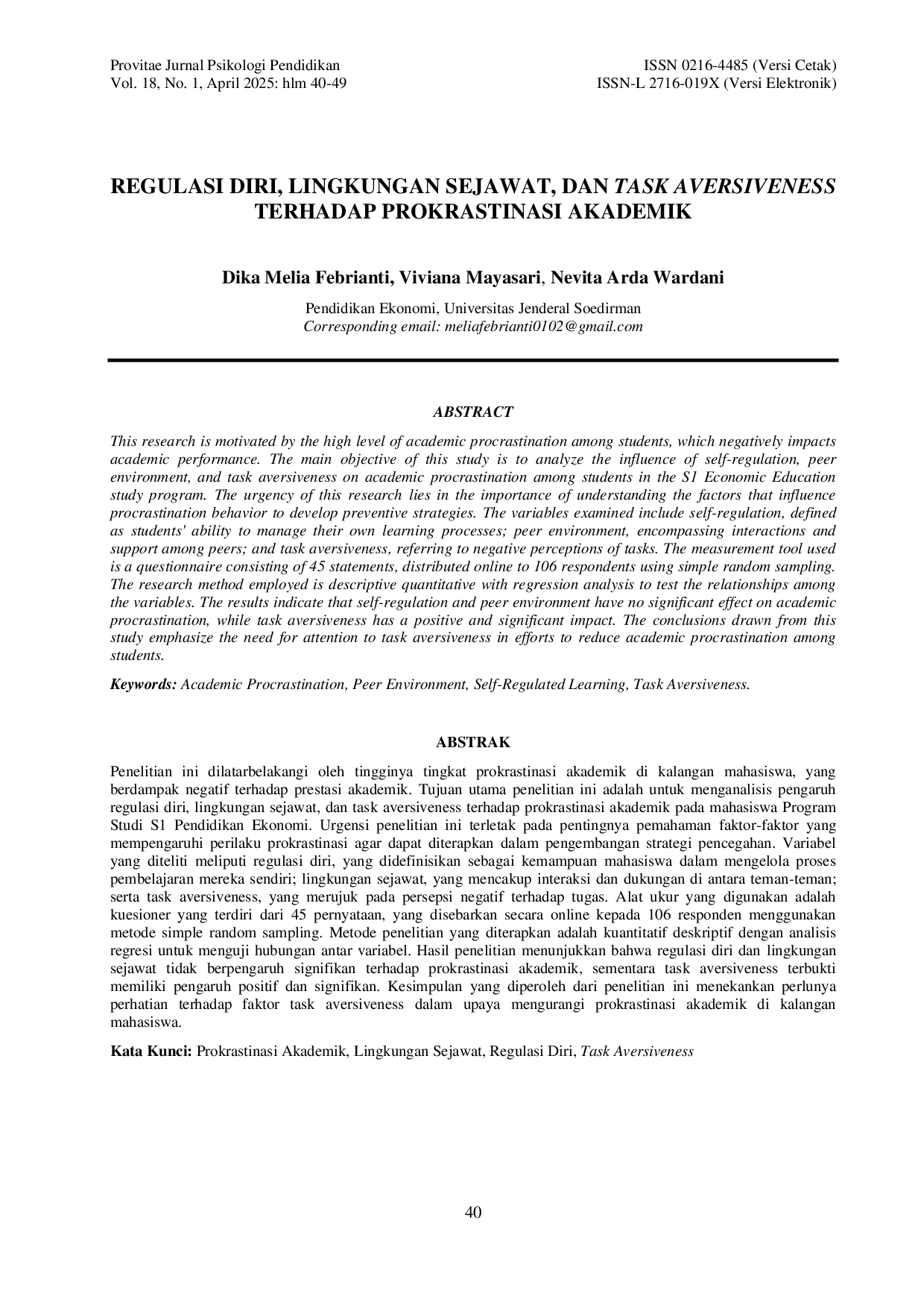 JURIS Regulasi Diri Lingkungan Sejawat Dan Task Aversiveness Terhadap Prokrastinasi Akademik