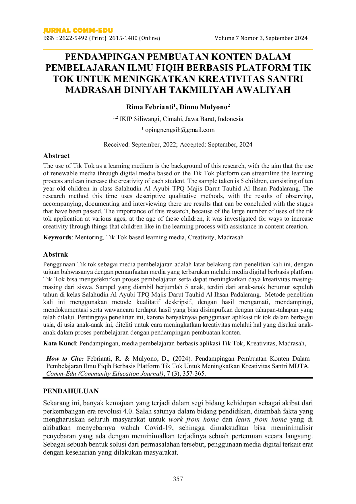 JURIS Pendampingan Pembuatan Konten dalam Pembelajaran Ilmu Fiqih Berbasis Platform Tik Tok untuk Meningkatkan Kreativitas Santri MDTA