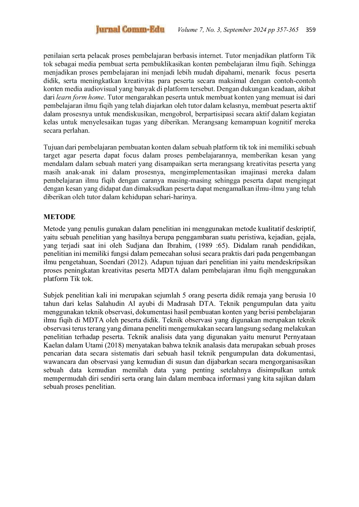 JURIS Pendampingan Pembuatan Konten dalam Pembelajaran Ilmu Fiqih Berbasis Platform Tik Tok untuk Meningkatkan Kreativitas Santri MDTA