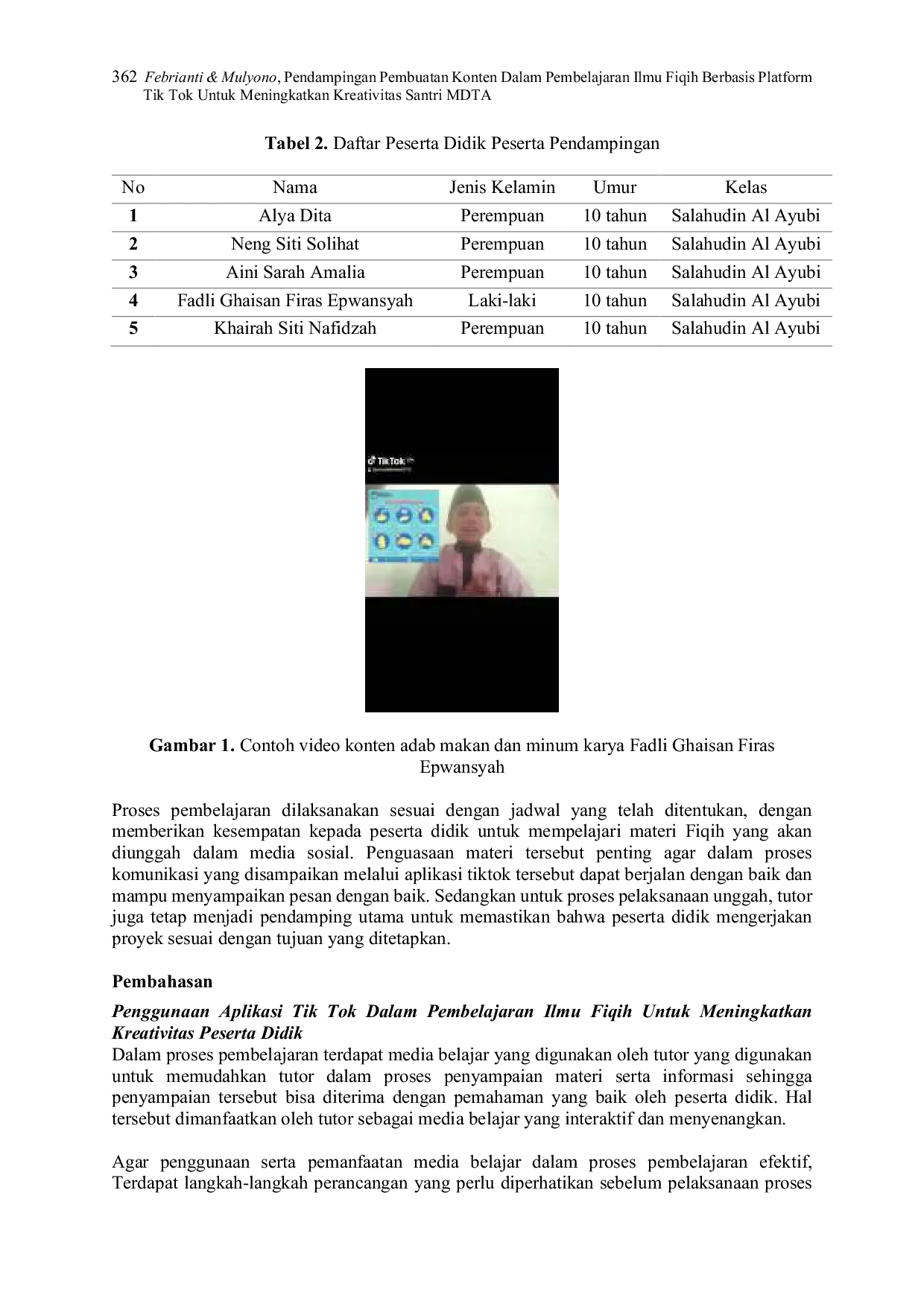 JURIS Pendampingan Pembuatan Konten dalam Pembelajaran Ilmu Fiqih Berbasis Platform Tik Tok untuk Meningkatkan Kreativitas Santri MDTA