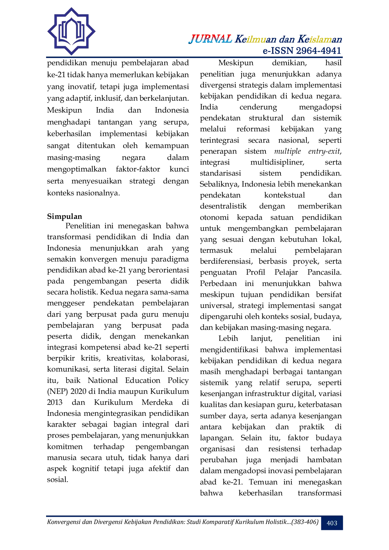 JURIS Konvergensi dan Divergensi Kebijakan Pendidikan Studi Komparatif Kurikulum Holistik di India dan Indonesia