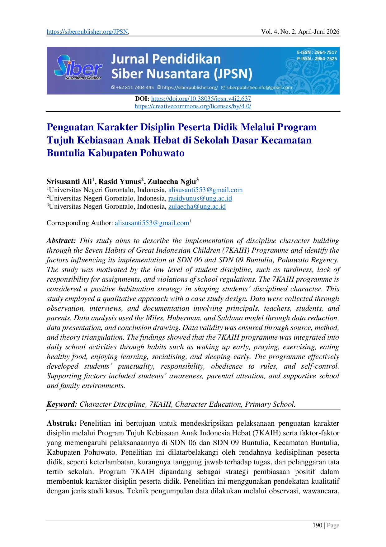 JURIS Penguatan Karakter Disiplin Peserta Didik Melalui Program Tujuh Kebiasaan Anak Hebat di Sekolah Dasar Kecamatan Buntulia Kabupaten Pohuwato
