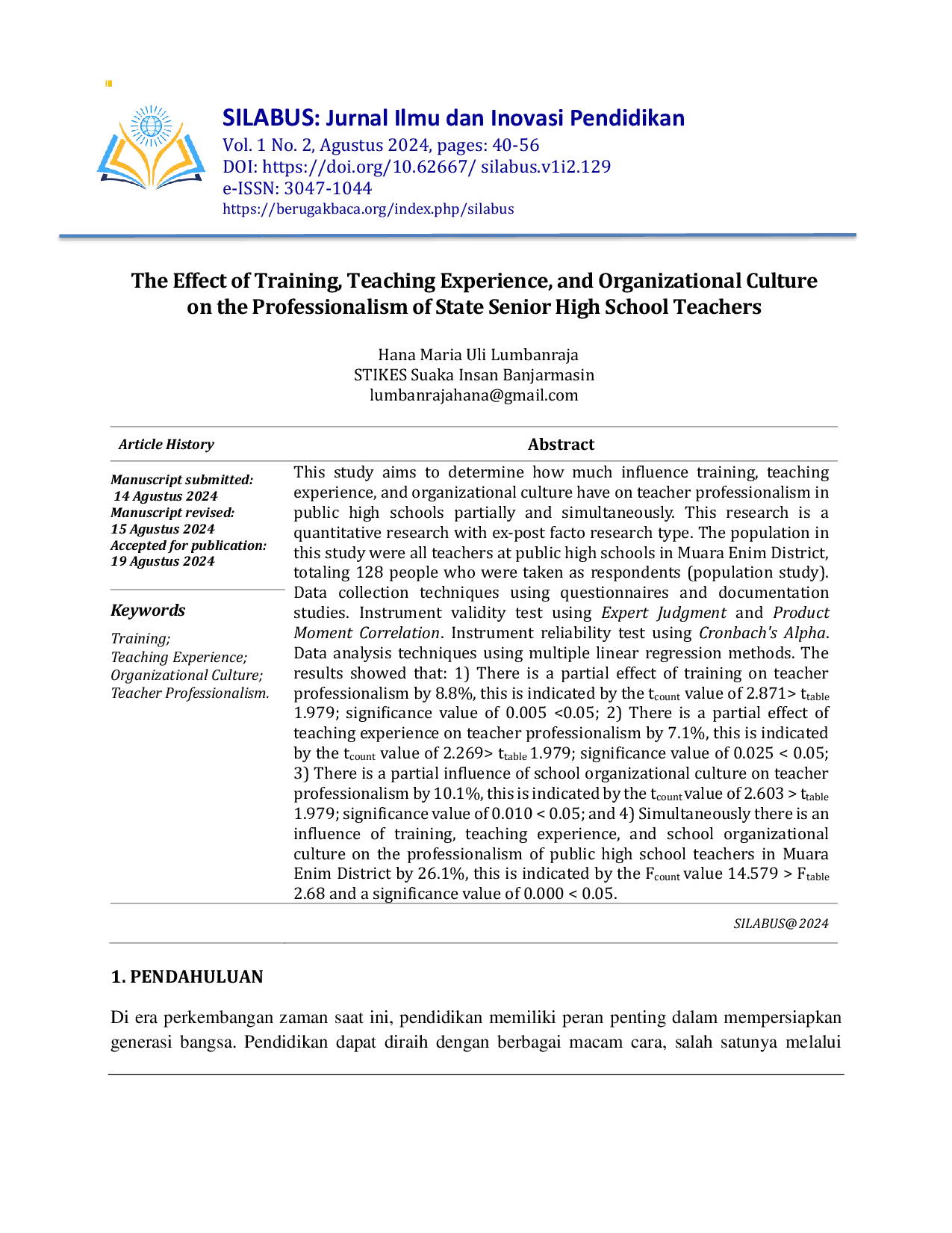JURIS The Effect of Training Teaching Experience and Organizational Culture on the Professionalism of State Senior High School Teachers
