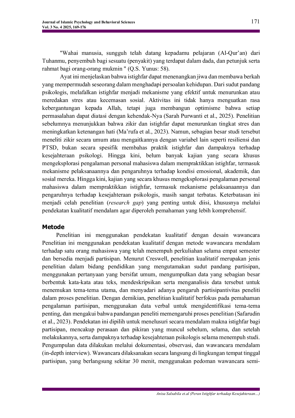 JURIS Peran Istighfar terhadap Kesejahteraan Psikologis Mahasiswa