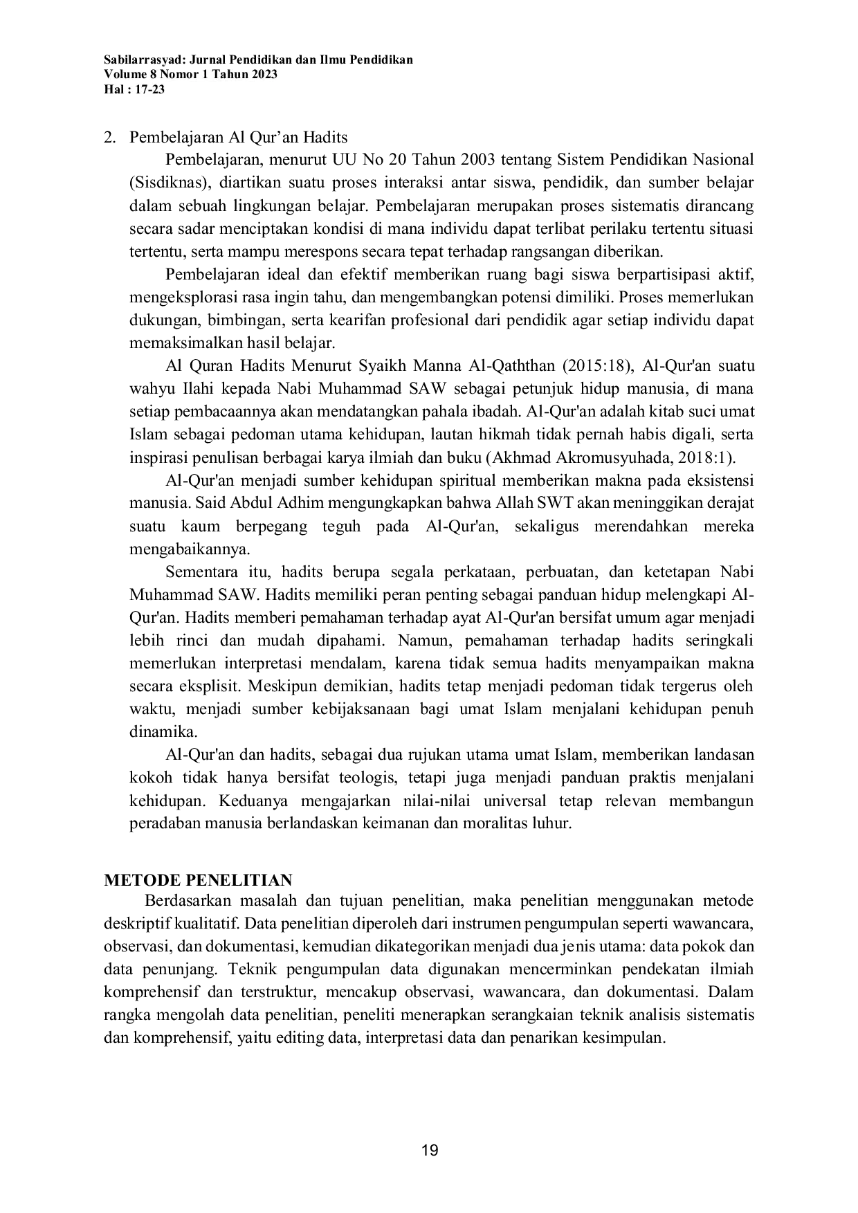 JURIS Implementasi Metode Tafahhum Dalam Pembelajaran Al Qur an Hadits Di Ma Lab Uinsu