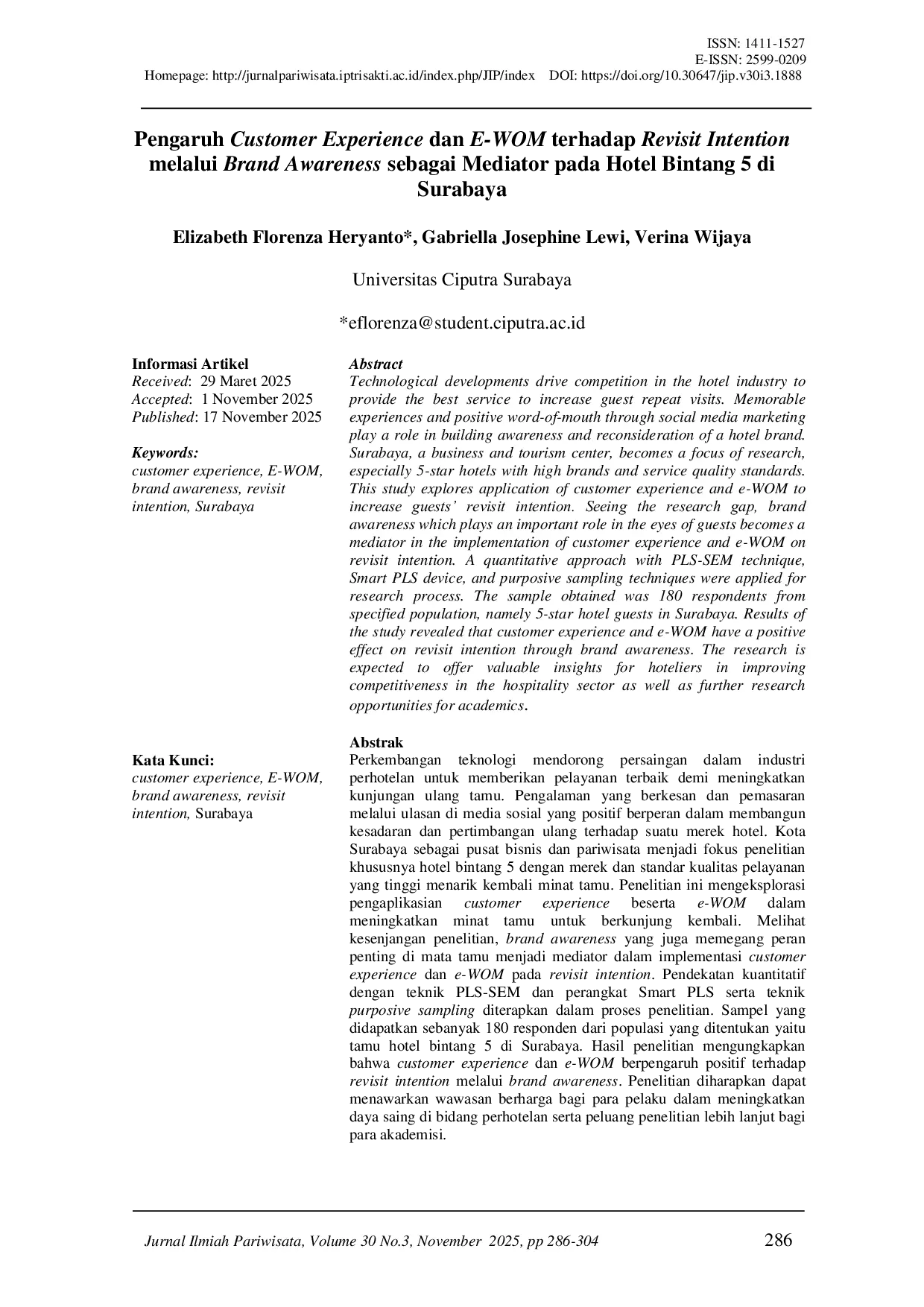 JURIS Customer Experience dan E WOM terhadap Revisit Intention melalui Brand Awareness sebagai Mediator pada Hotel Bintang 5 di Surabaya