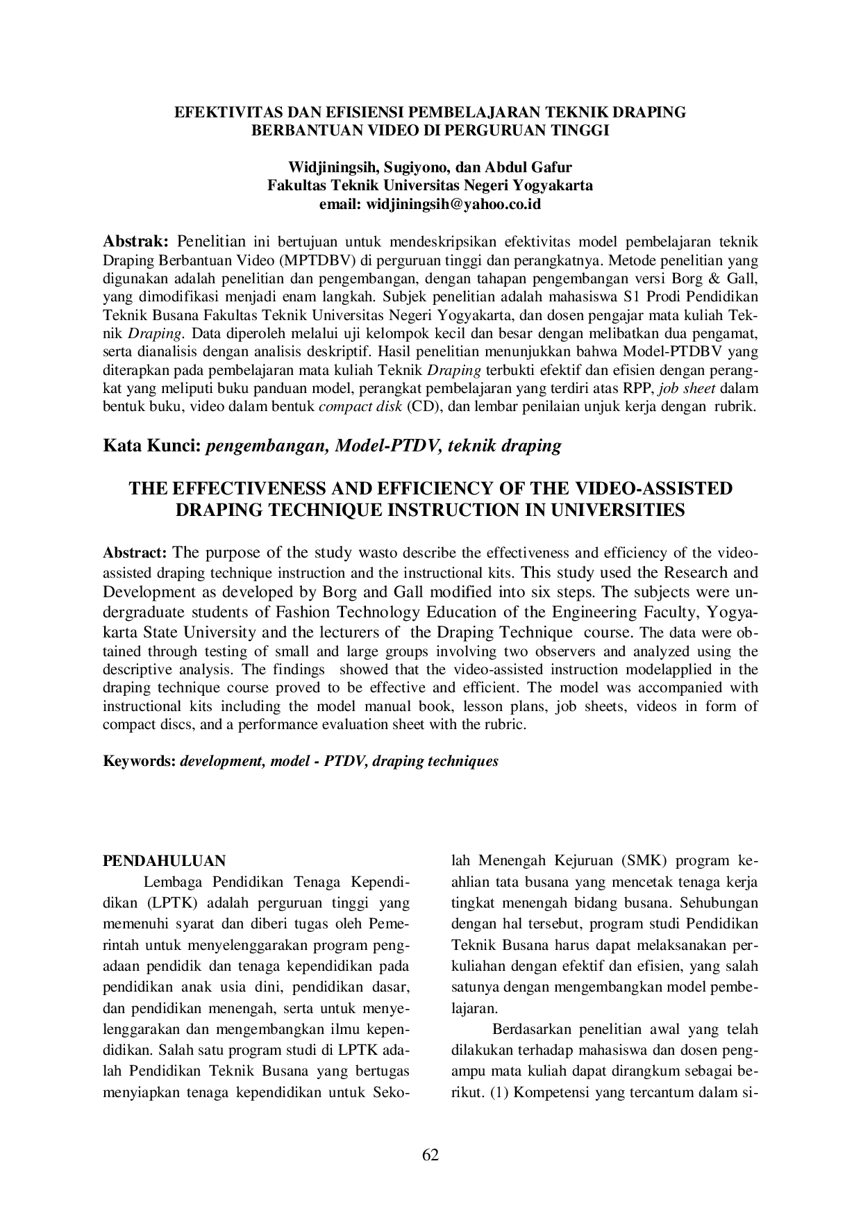 juris Efektivitas dan Efisiensi Pembelajaran Teknik Draping Berbantuan Video di Perguruan Tinggi