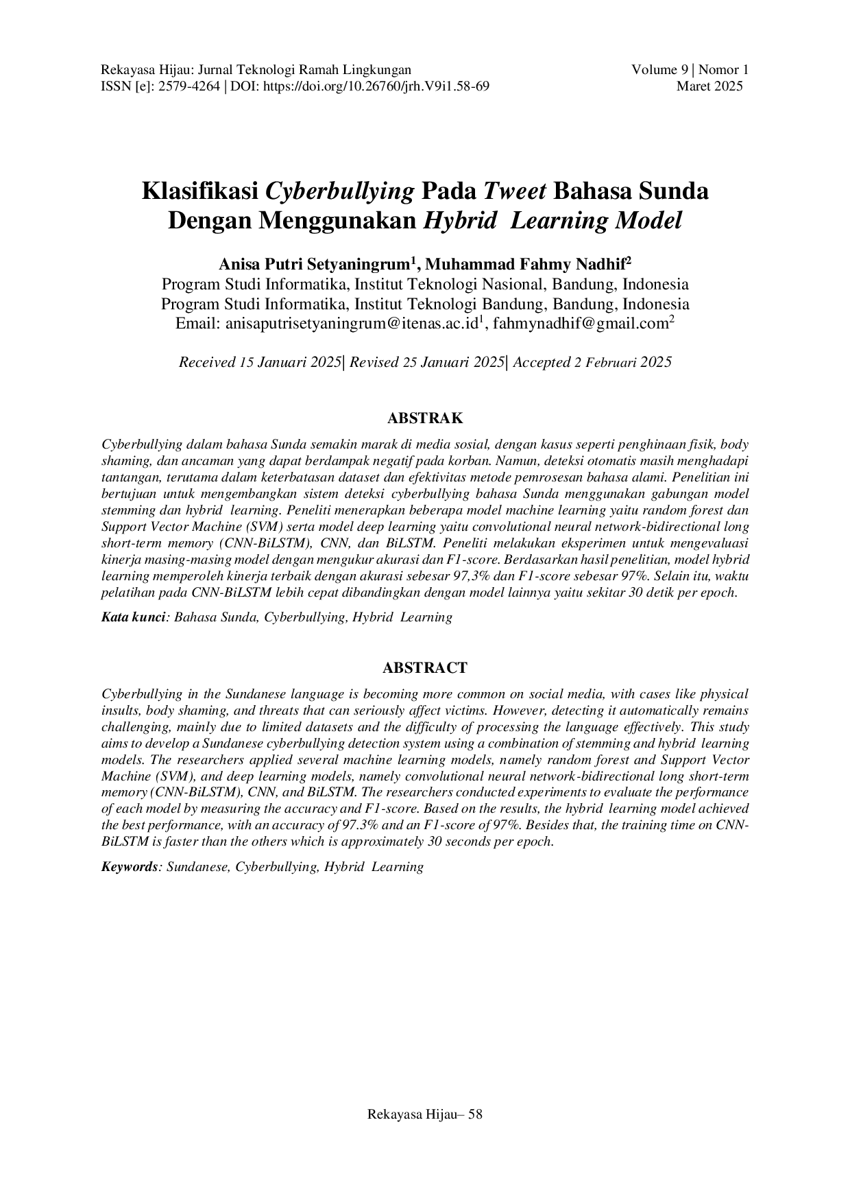 JURIS Klasifikasi Cyberbullying Pada Tweet Bahasa Sunda Dengan Menggunakan Hybrid Learning Model