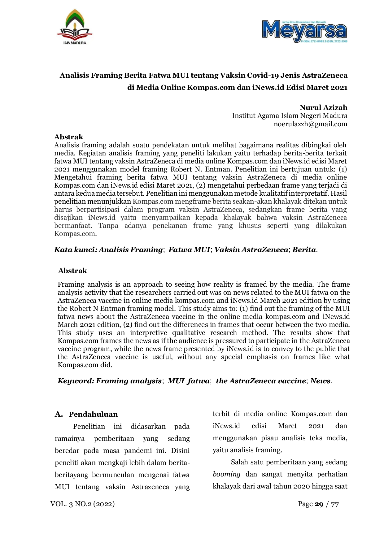 JURIS Analisis Framing Berita Fatwa MUI tentang Vaksin Covid 19 Jenis AstraZeneca di Media Online Kompas dan iNews Edisi Maret 2021