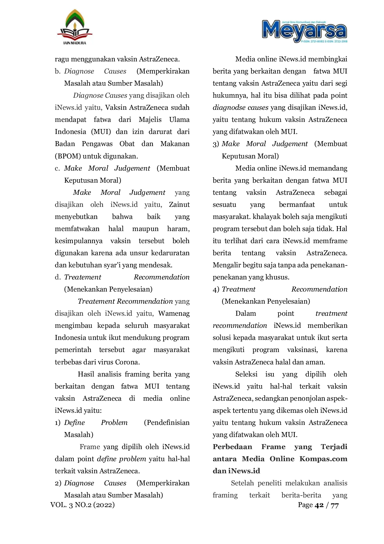 JURIS Analisis Framing Berita Fatwa MUI tentang Vaksin Covid 19 Jenis AstraZeneca di Media Online Kompas dan iNews Edisi Maret 2021