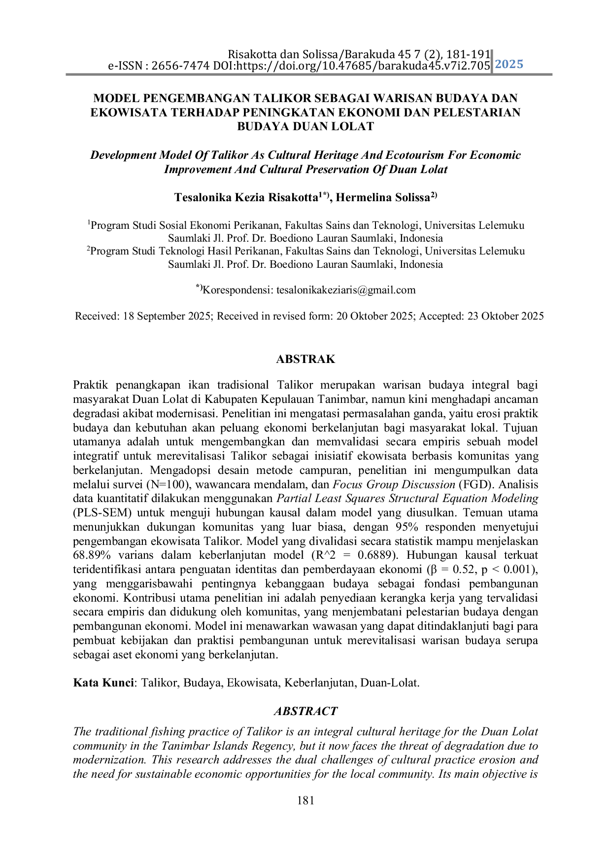JURIS Development Model of Talikor as Cultural Heritage and Ecotourism for Economic Improvement and Cultural Preservation of Duan Lolat