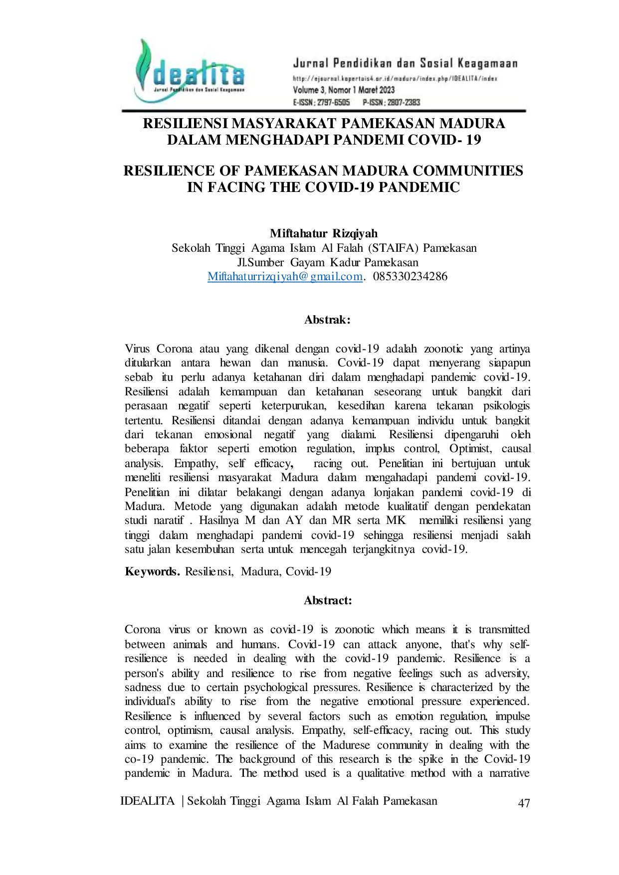 JURIS Resiliensi Masyarakat Pamekasan Madura Dalam Menghadapi Pandemi Covid 19