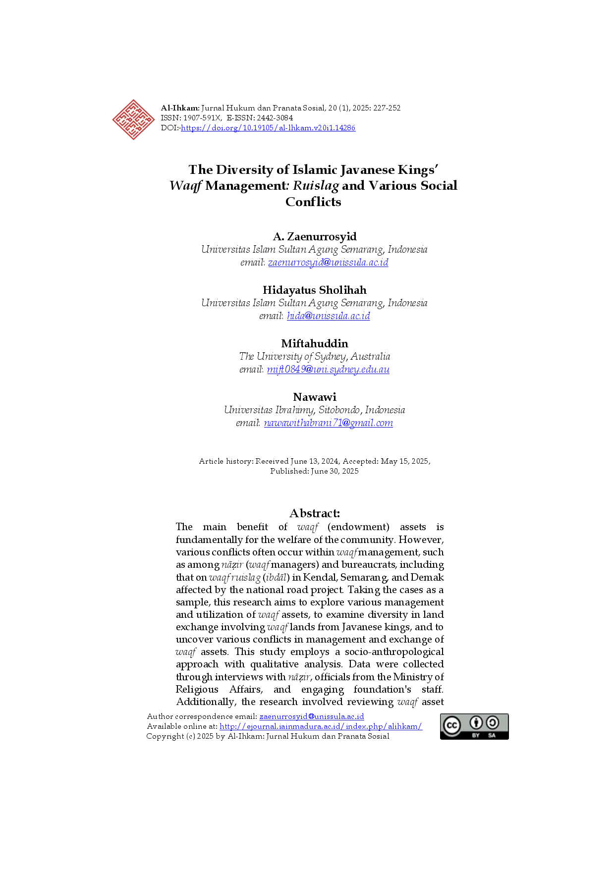 juris The Diversity of Islamic Javanese Kings Waqf Management Ruislag and Various Social Conflicts