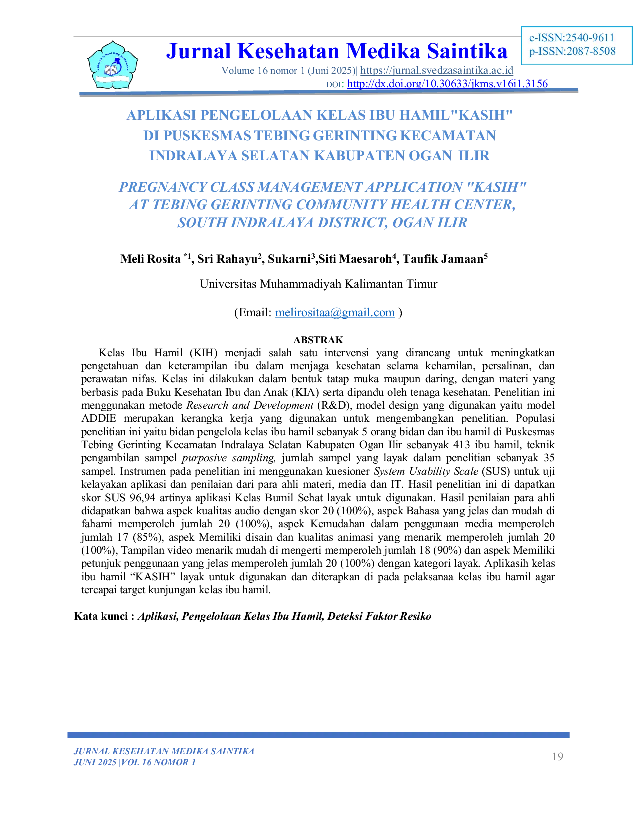 JURIS Aplikasi Pengelolaan Kelas Ibu Hamil KASIH di Puskesmas Tebing Gerinting Kecamatan Indralaya Selatan Kabupaten Ogan Ilir