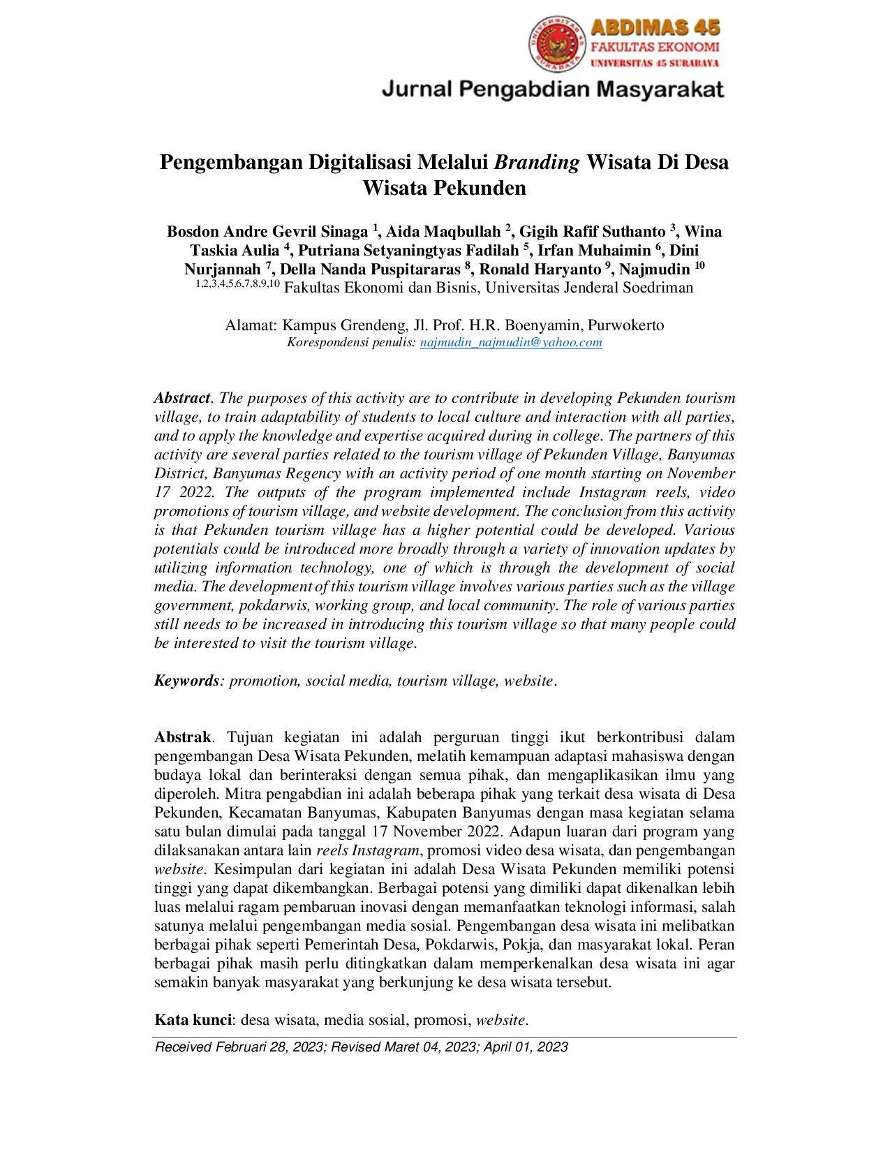 JURIS Pengembangan Digitalisasi Melalui Branding Wisata Di Desa Wisata Pekunden