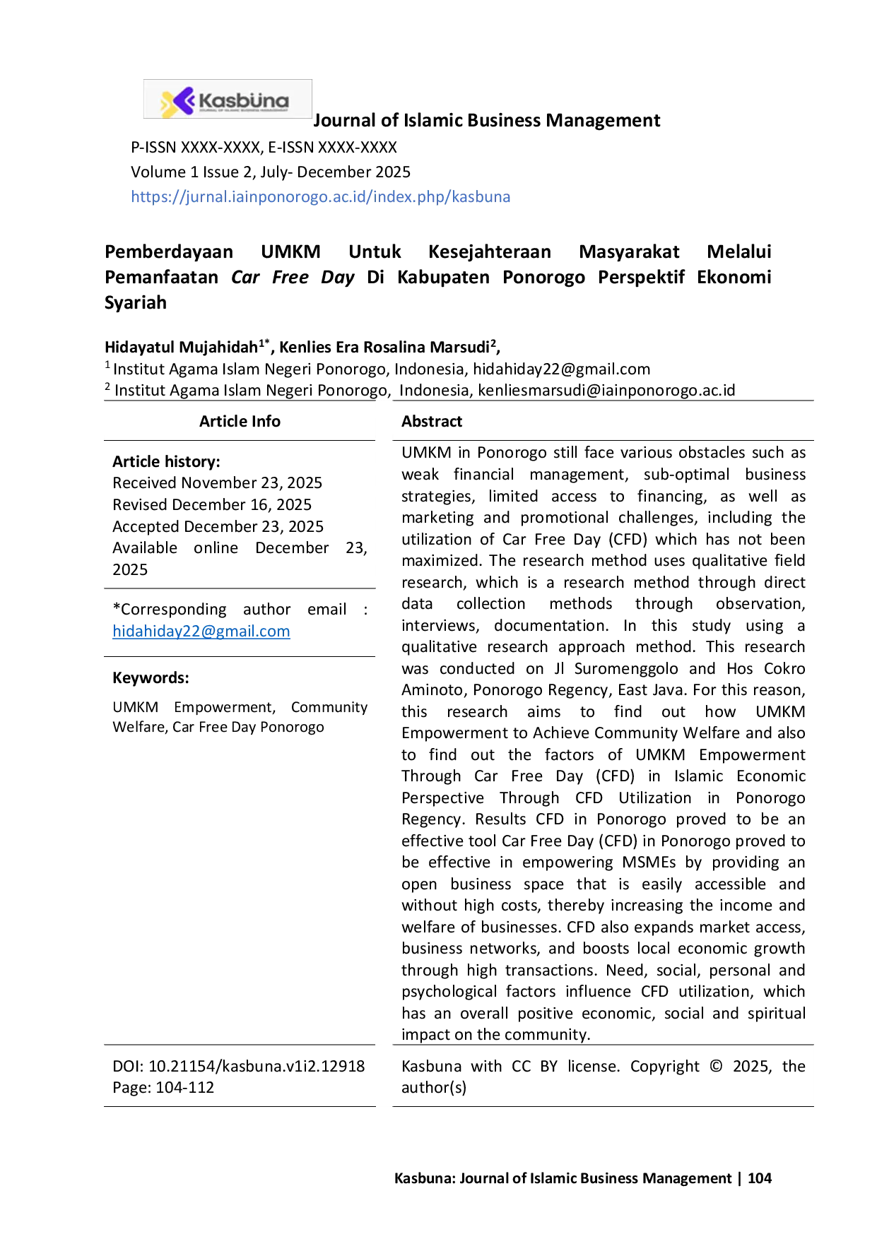 JURIS Pemberdayaan UMKM Untuk Kesejahteraan Masyarakat Melalui Pemanfaatan Car Free Day Di Kabupaten Ponorogo Perspektif Ekonomi Syariah