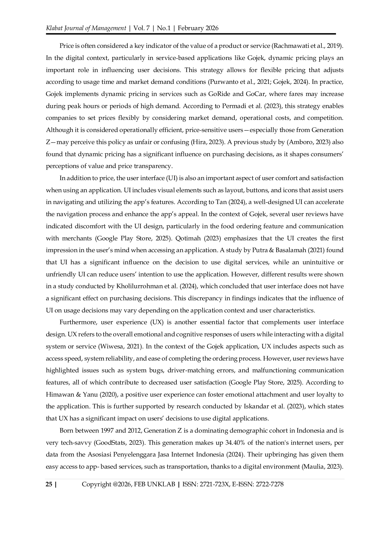 JURIS Influence of Dynamic Pricing UI and UX on Gojek Usage Decisions among Gen Z in Depok