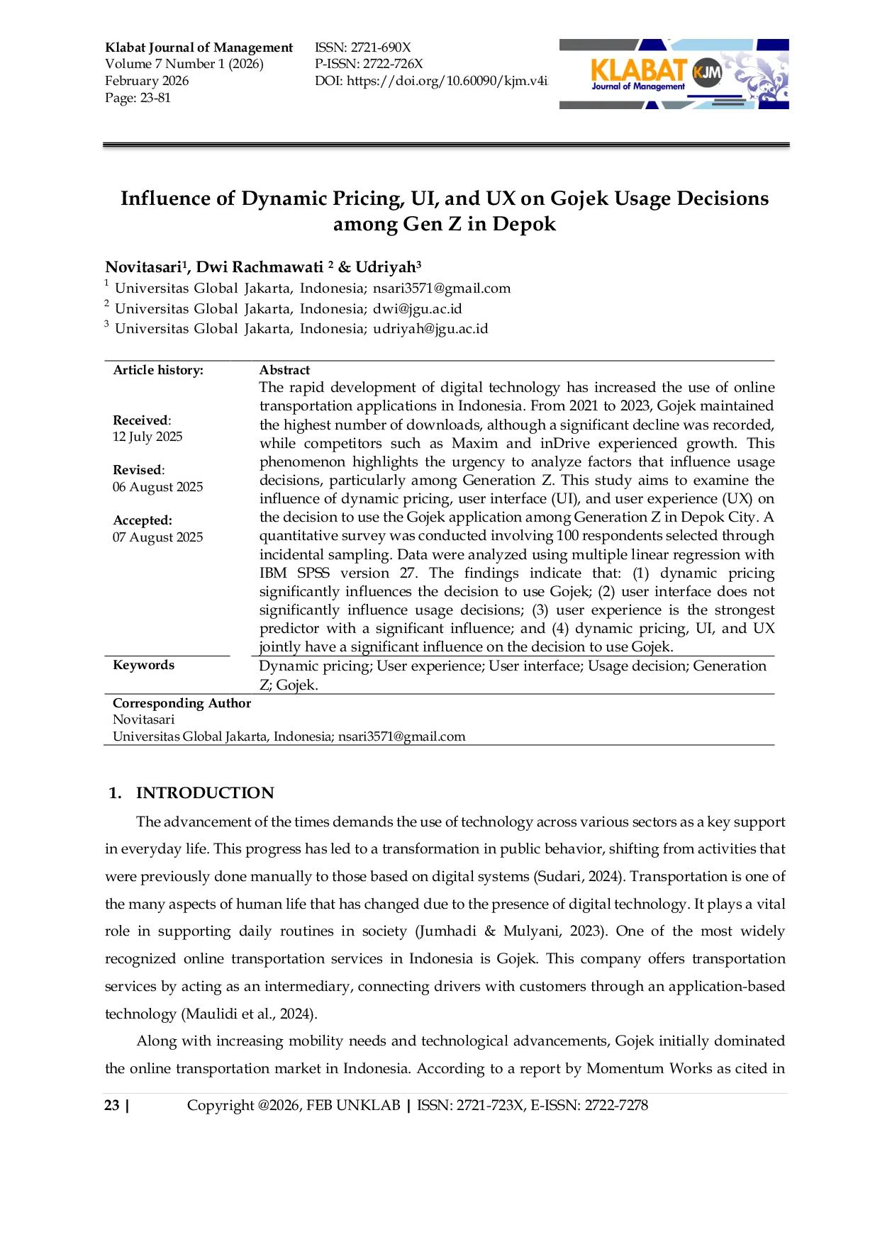 JURIS Influence of Dynamic Pricing UI and UX on Gojek Usage Decisions among Gen Z in Depok