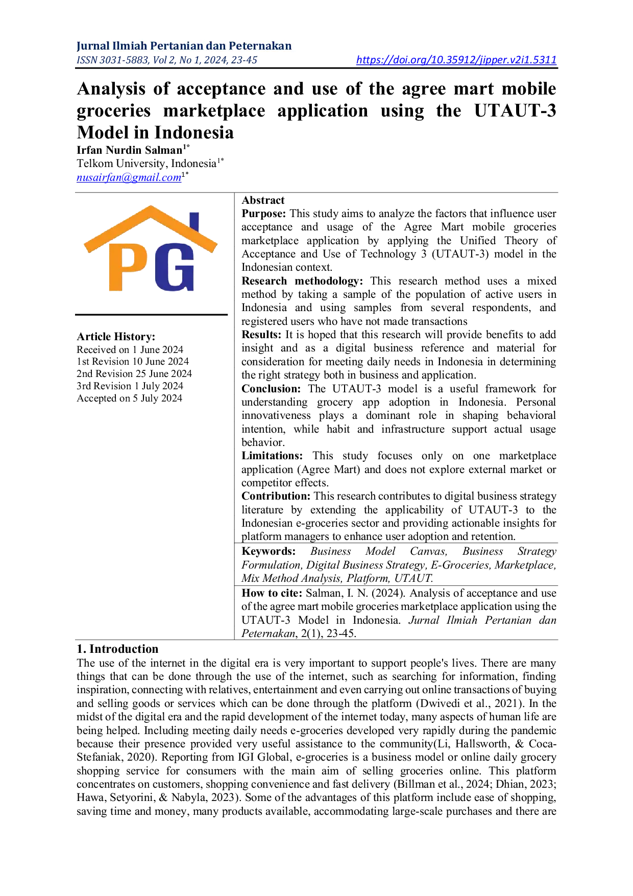 JURIS Analysis of acceptance and use of the agree mart mobile groceries marketplace application using the UTAUT 3 Model in Indonesia