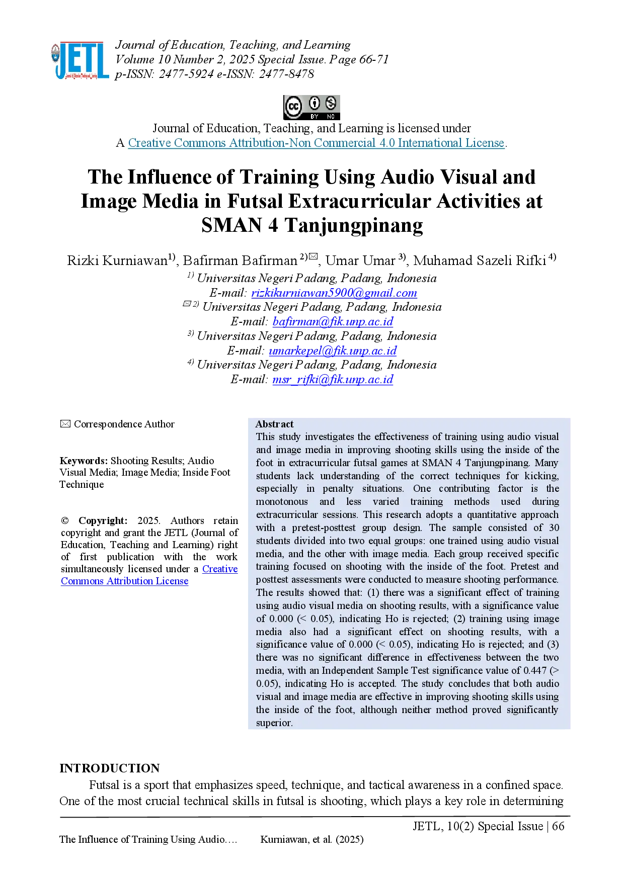 juris The Influence of Training Using Audio Visual and Image Media in Futsal Extracurricular Activities at SMAN 4 Tanjungpinang