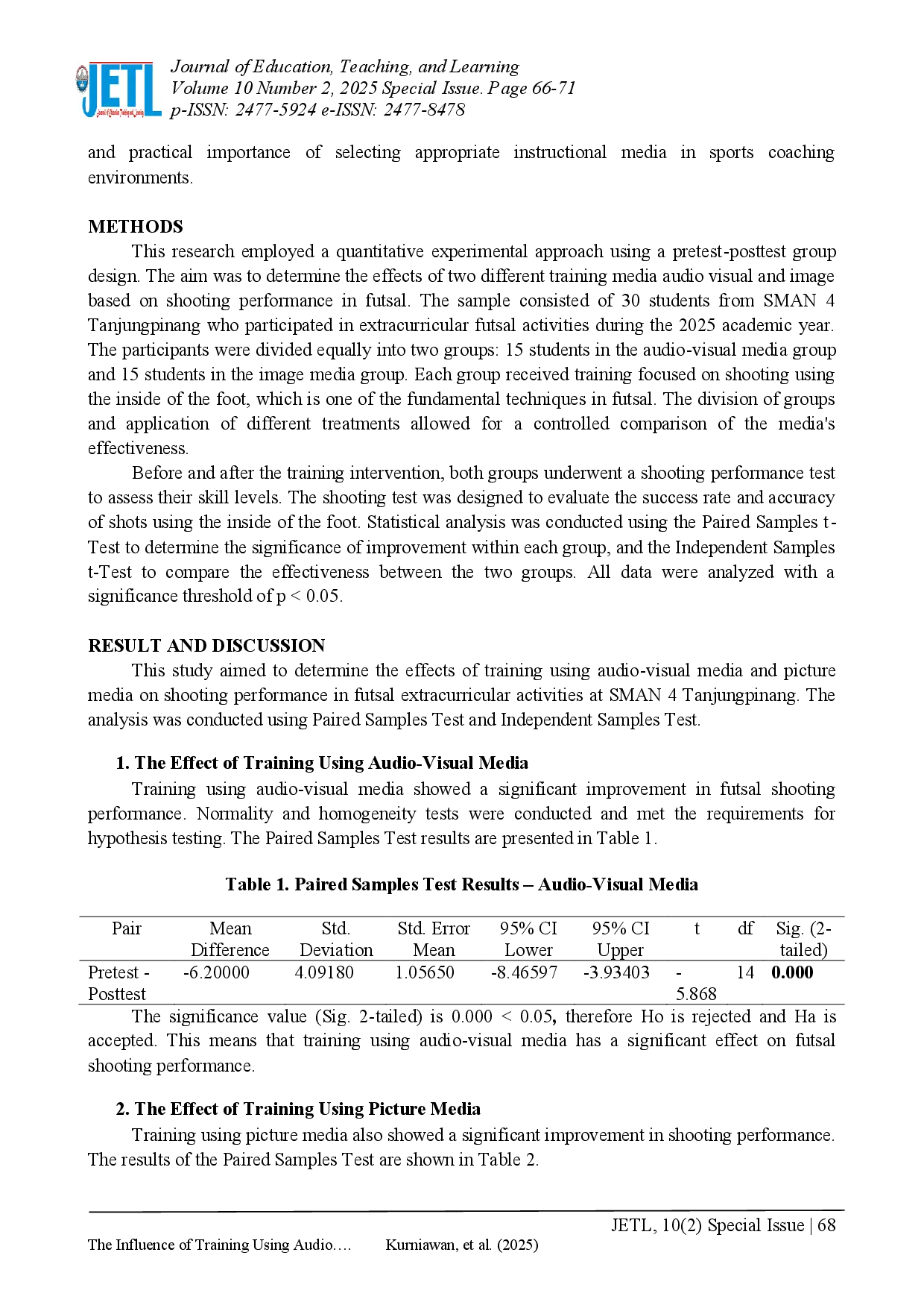 juris The Influence of Training Using Audio Visual and Image Media in Futsal Extracurricular Activities at SMAN 4 Tanjungpinang