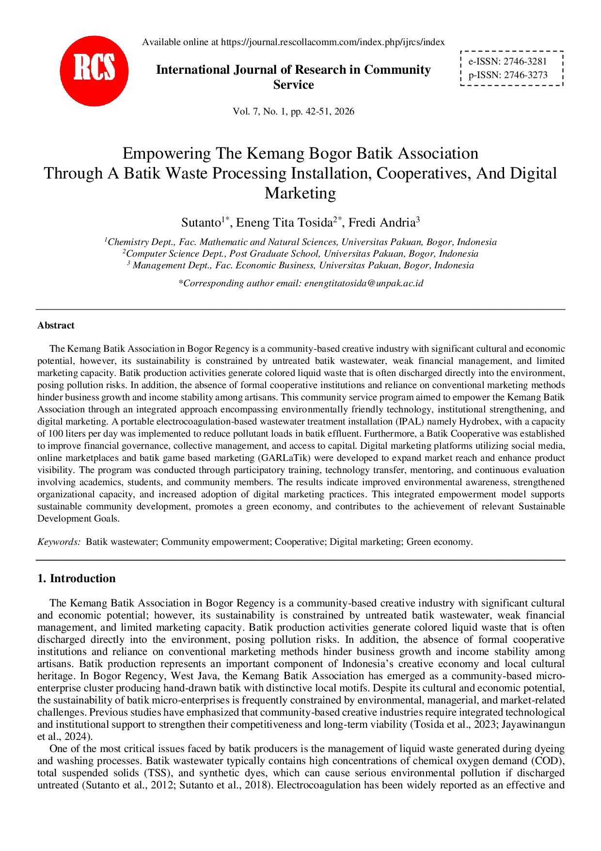 JURIS Empowering The Kemang Bogor Batik Association Through A Batik Waste Processing Installation Cooperatives And Digital Marketing