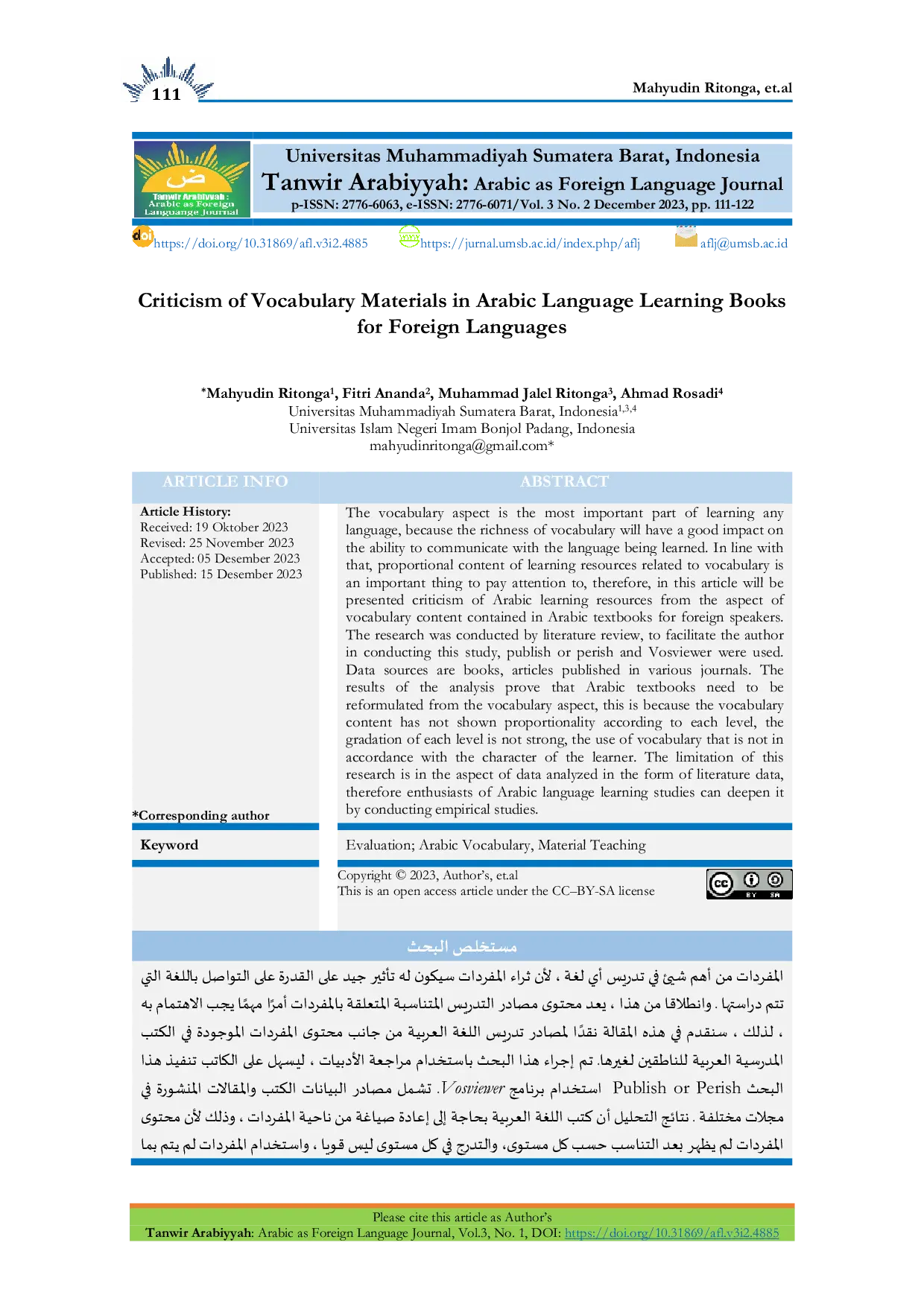 JURIS Criticism of Vocabulary Materials in Arabic Language Learning Books for Foreign Languages