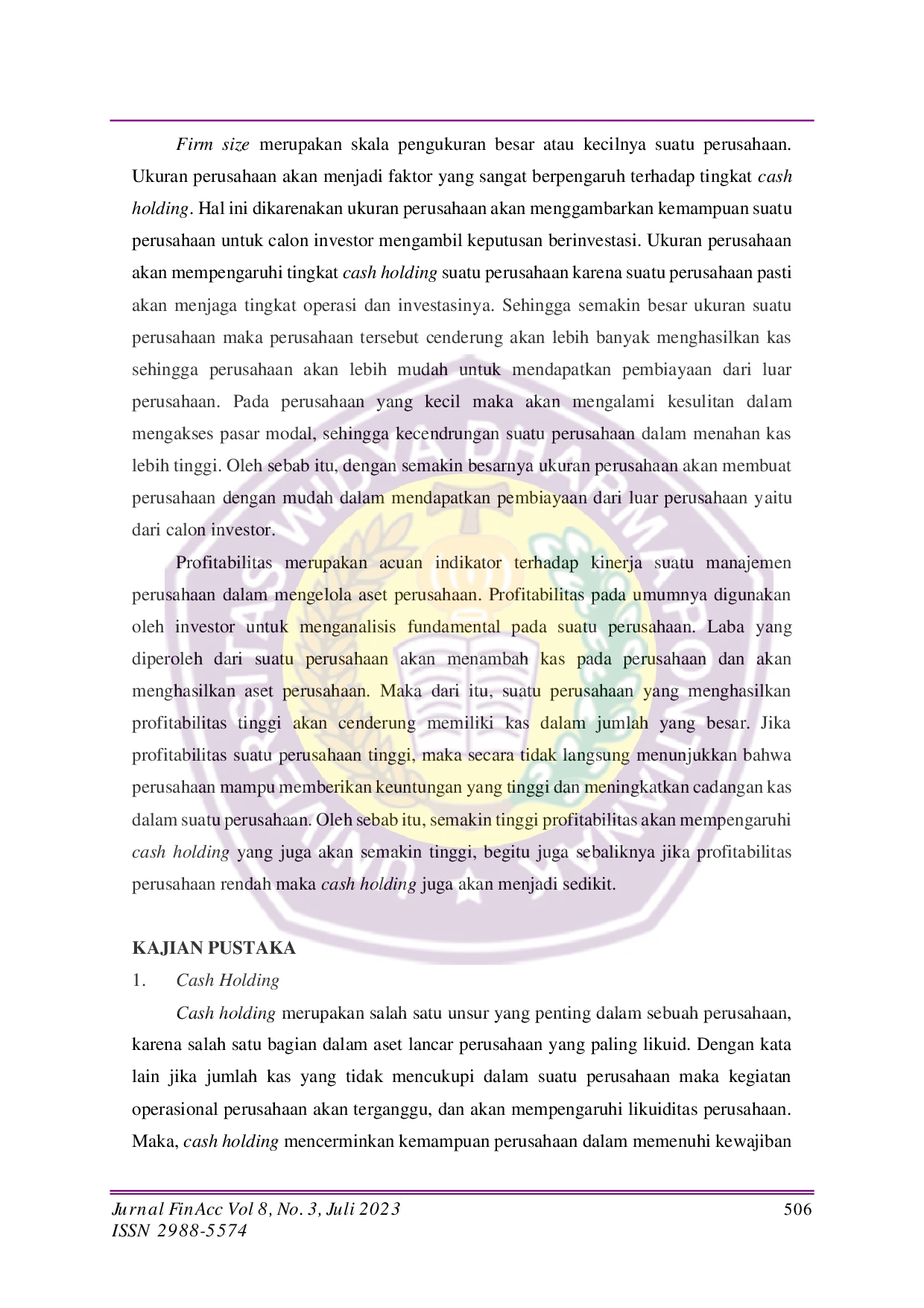 JURIS Analisis Pengaruh Growth Opportunity Leverage Firm Size dan Profitabilitas terhadap Cash Holding pada Perusahaan Sektor Industri Dasar dan Kimia di Bursa Efek Indonesia