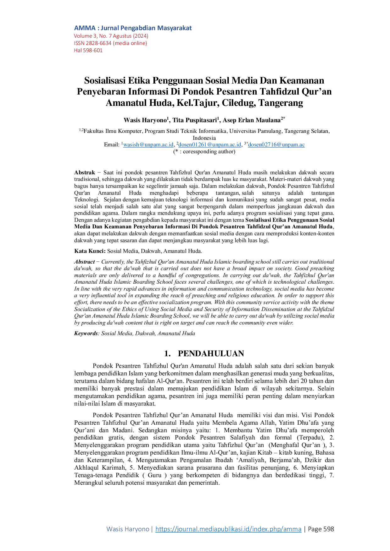 JURIS Sosialisasi Etika Penggunaan Sosial Media Dan Keamanan Penyebaran Informasi Di Pondok Pesantren Tahfidzul Qur an Amanatul Huda