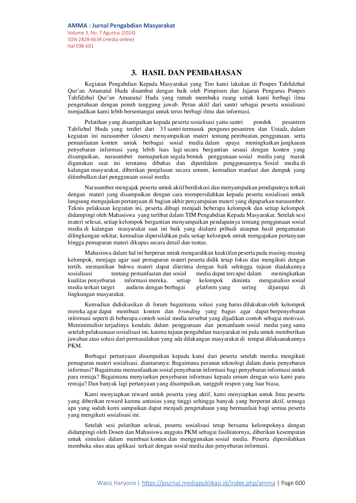 JURIS Sosialisasi Etika Penggunaan Sosial Media Dan Keamanan Penyebaran Informasi Di Pondok Pesantren Tahfidzul Qur an Amanatul Huda