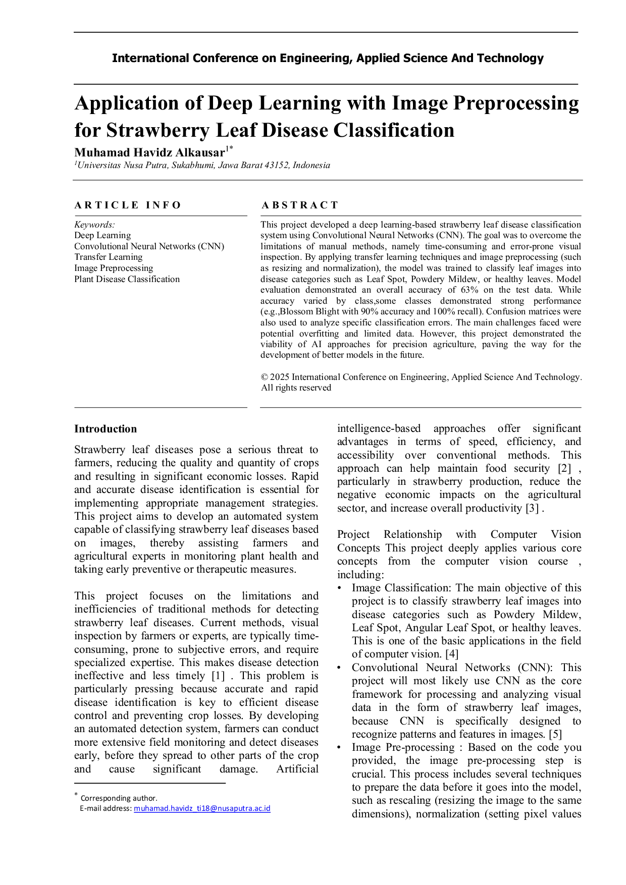 JURIS Application of Deep Learning with Image Preprocessing for Strawberry Leaf Disease Classification