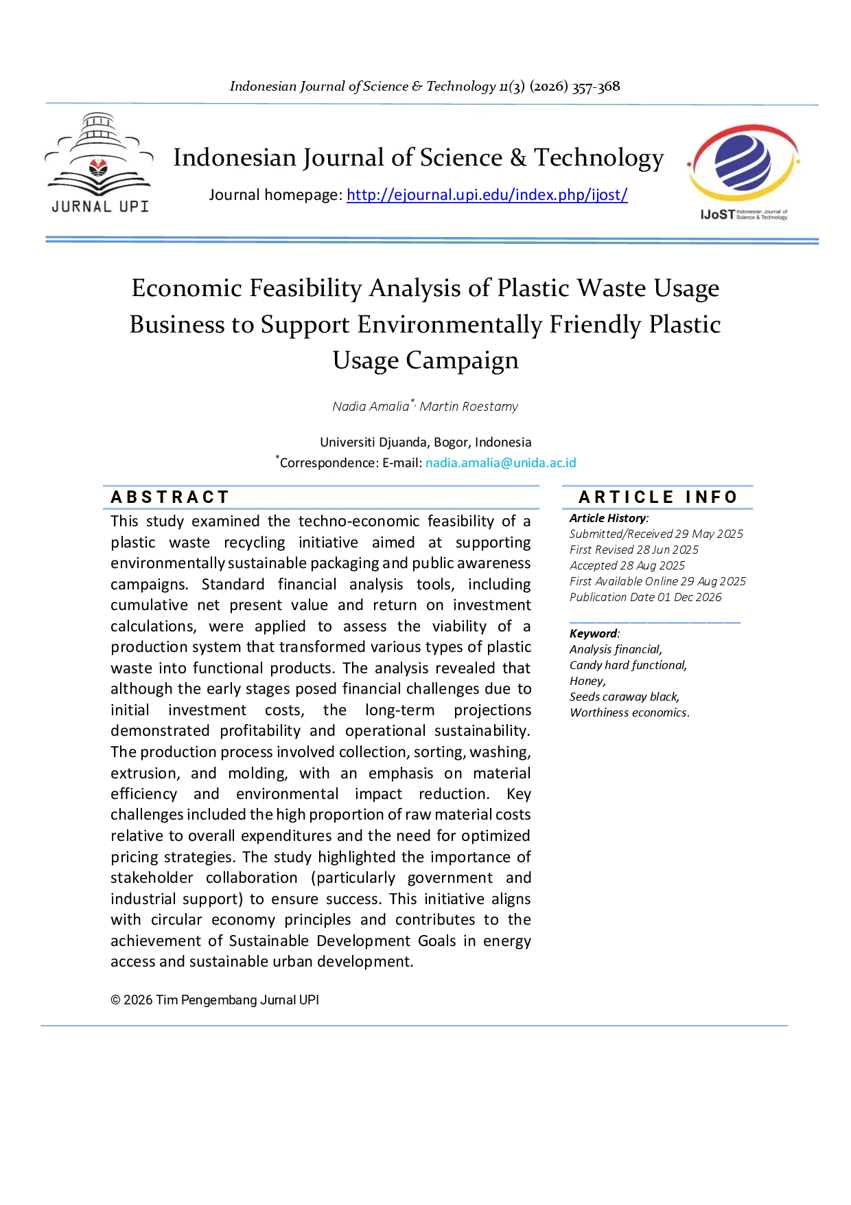 juris Economic Feasibility Analysis of Plastic Waste Usage Business to Support Environmentally Friendly Plastic Usage Campaign